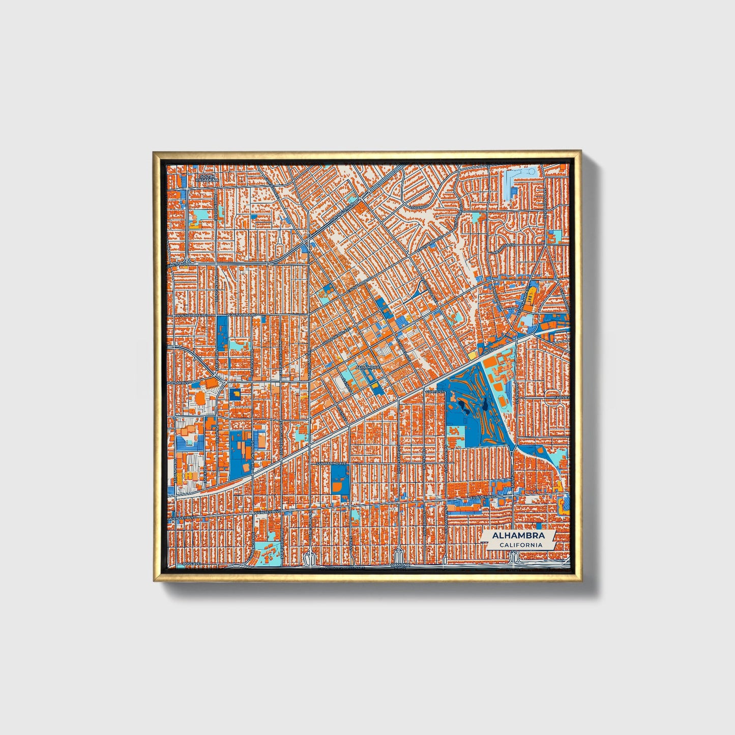 Alhambra California Colorful City Map Canvas Print • Gold Framed