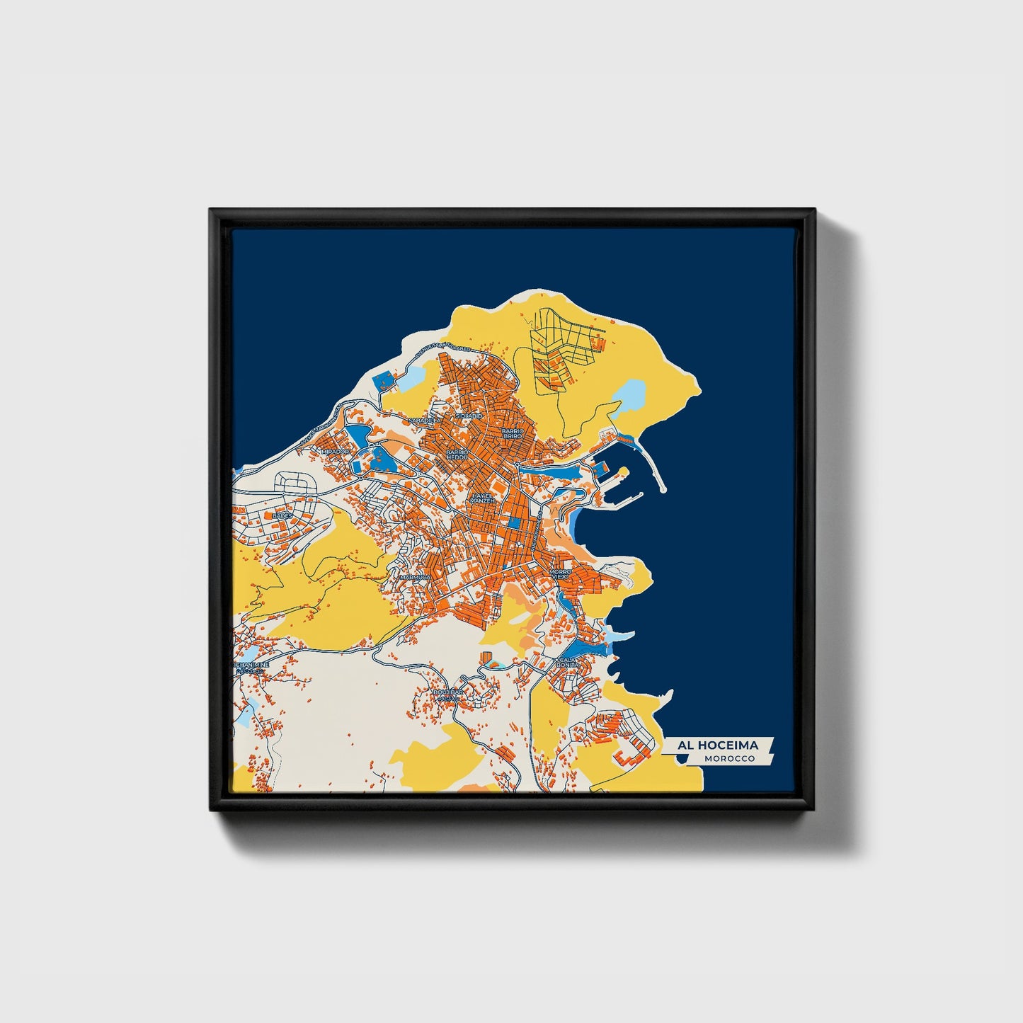 Al Hoceima Morocco Colorful City Map Canvas Print • Black Framed