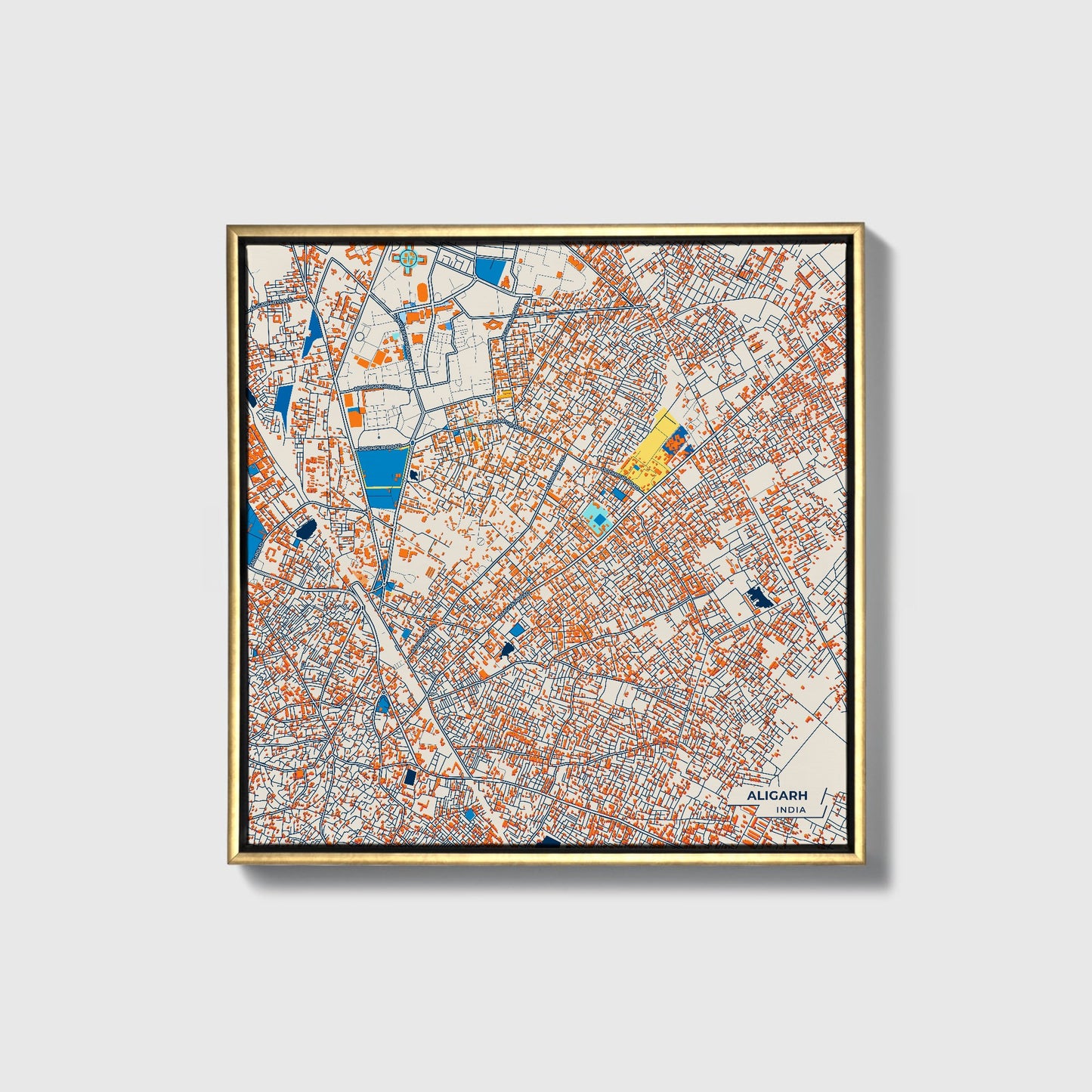 Aligarh India Colorful City Map Canvas Print • Gold Framed