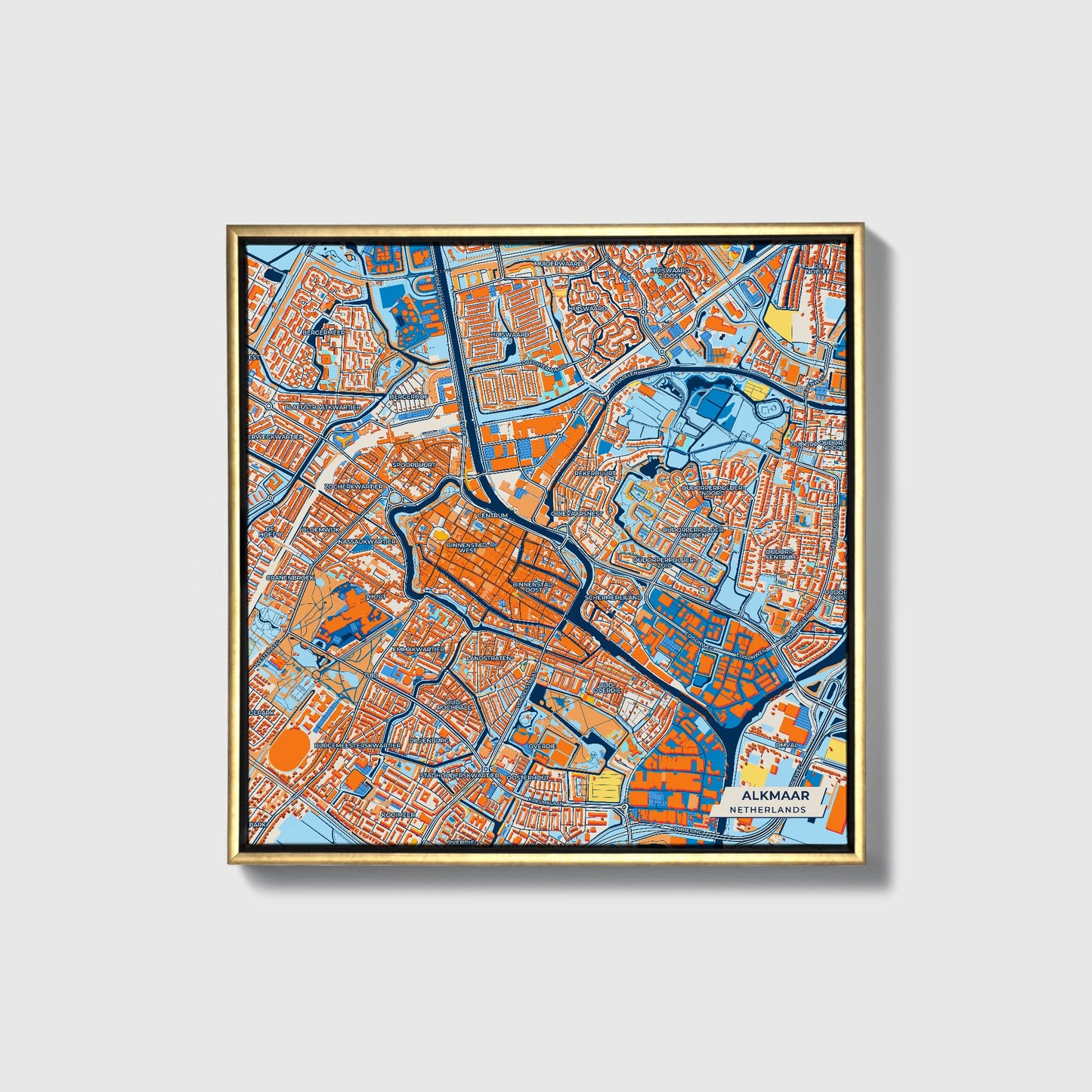 Alkmaar Netherlands Colorful City Map Canvas Print • Gold Framed