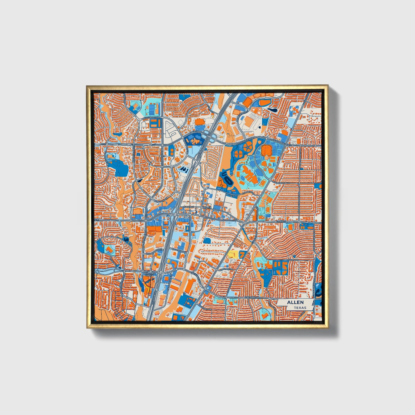 Allen Texas Colorful City Map Canvas Print • Gold Framed