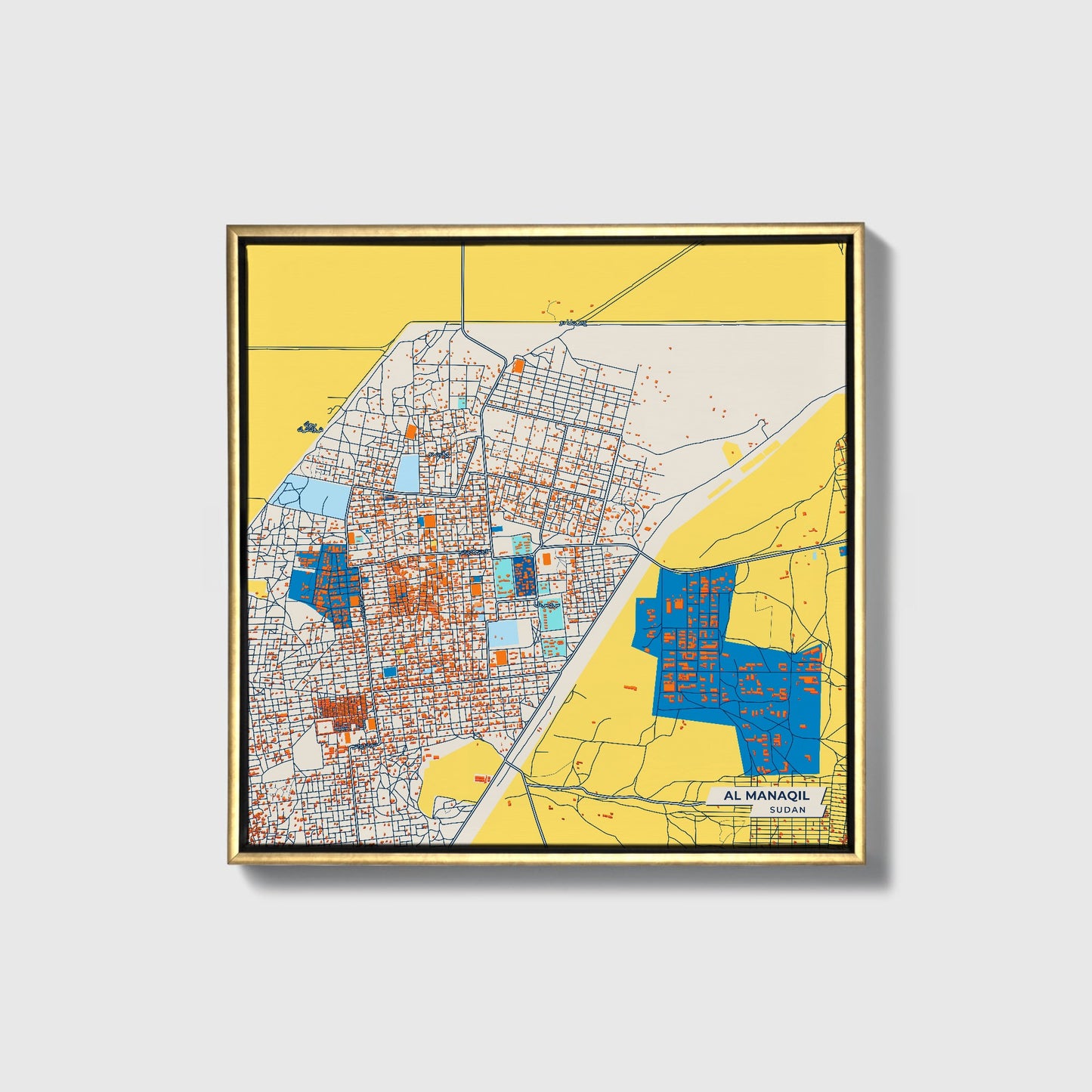 Al Manaqil Sudan Colorful City Map Canvas Print • Gold Framed