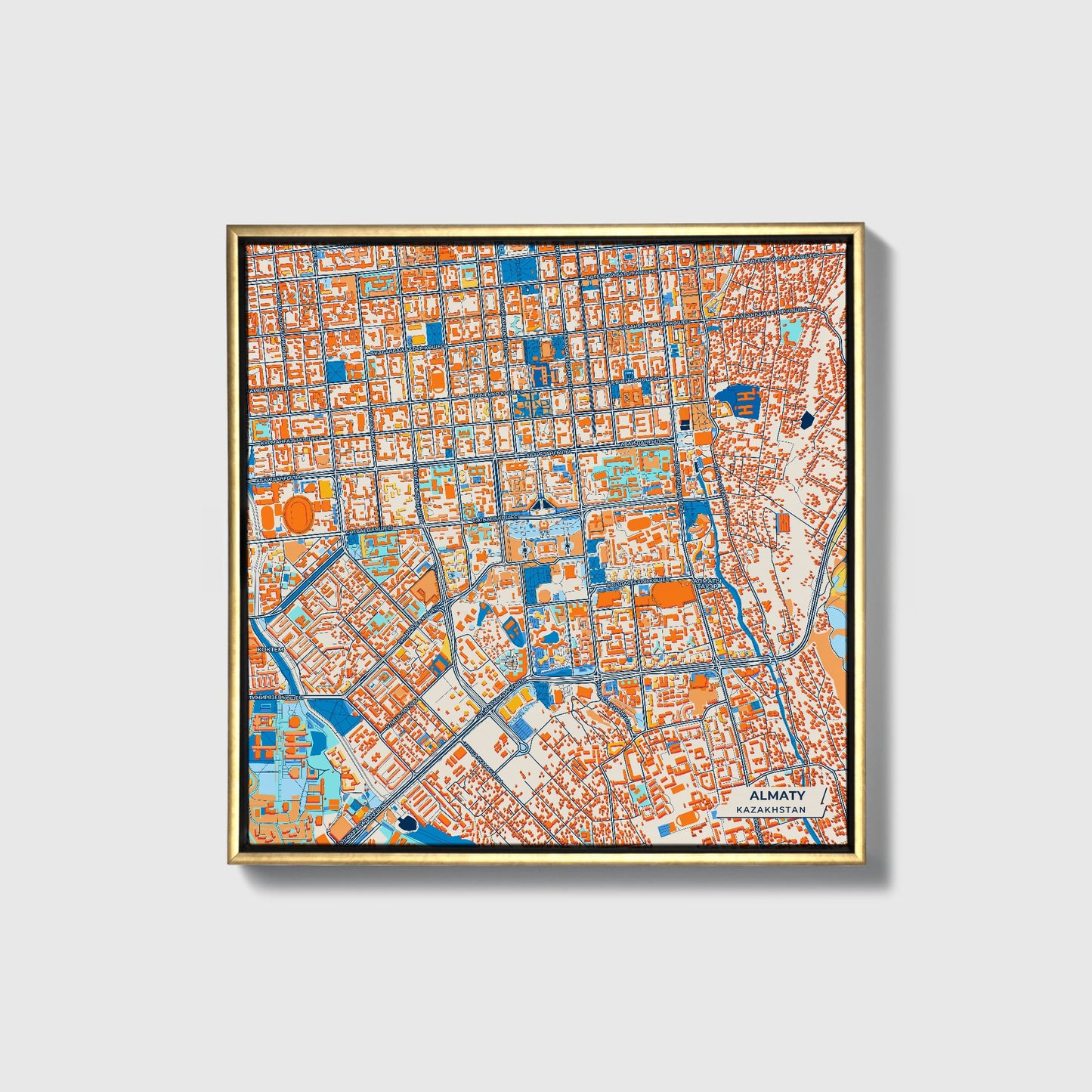 Almaty Kazakhstan Colorful City Map Canvas Print • Gold Framed