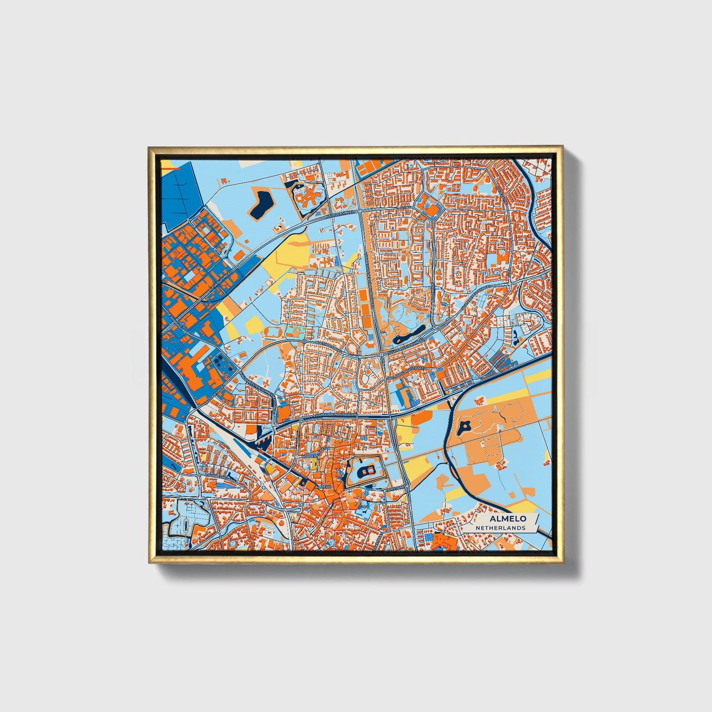 Almelo Netherlands Colorful City Map Canvas Print • Gold Framed