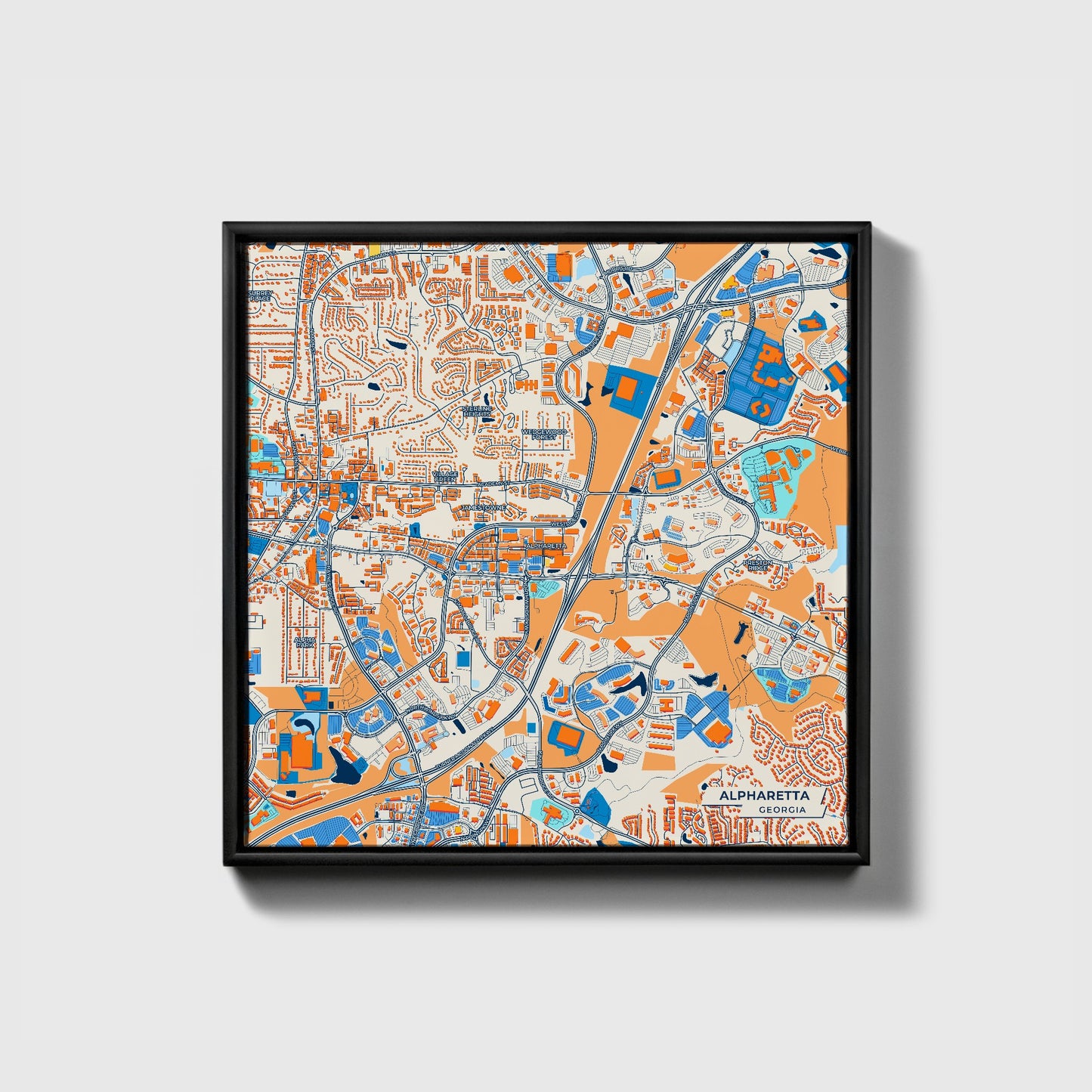 Alpharetta Georgia Colorful City Map Canvas Print • Black Framed