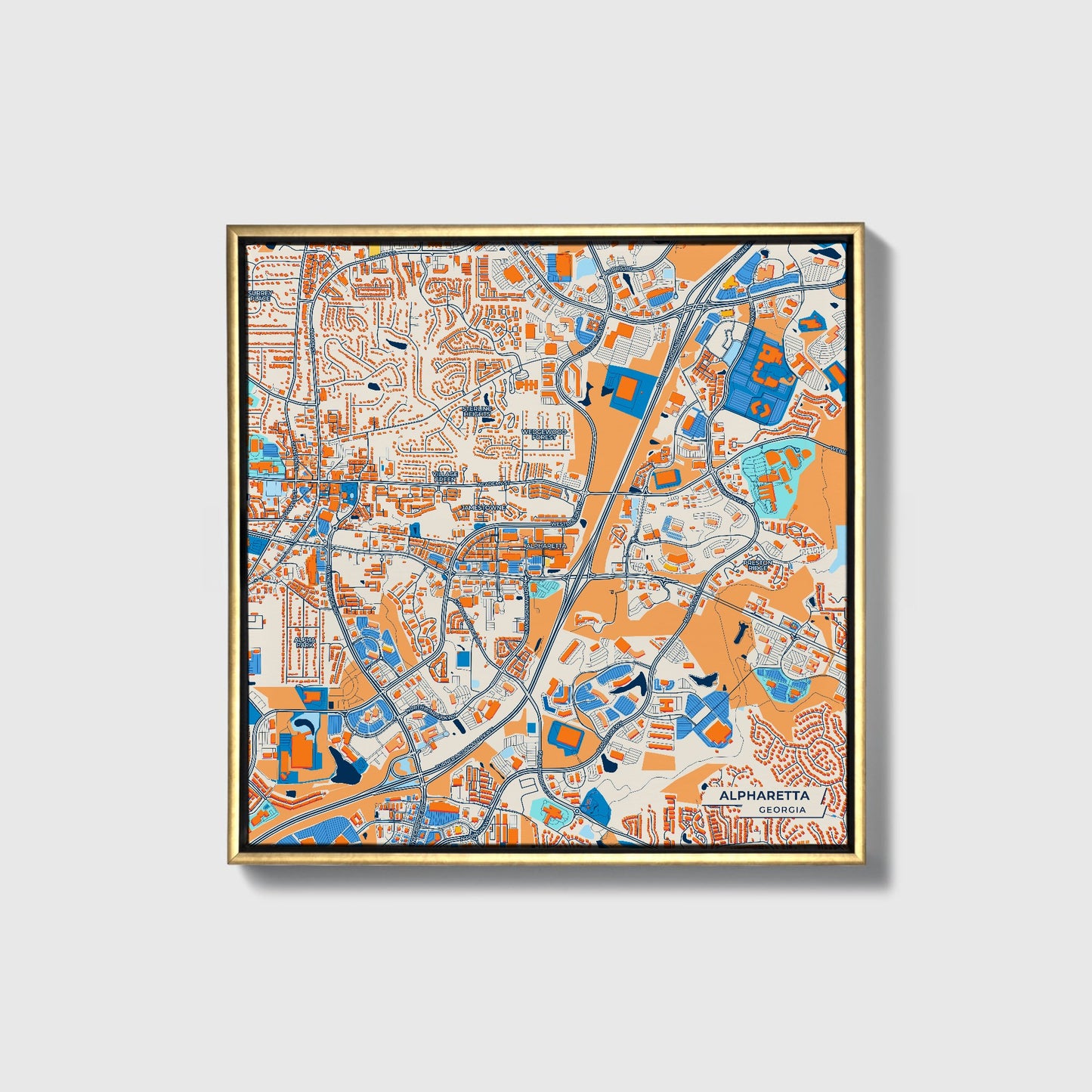 Alpharetta Georgia Colorful City Map Canvas Print • Gold Framed