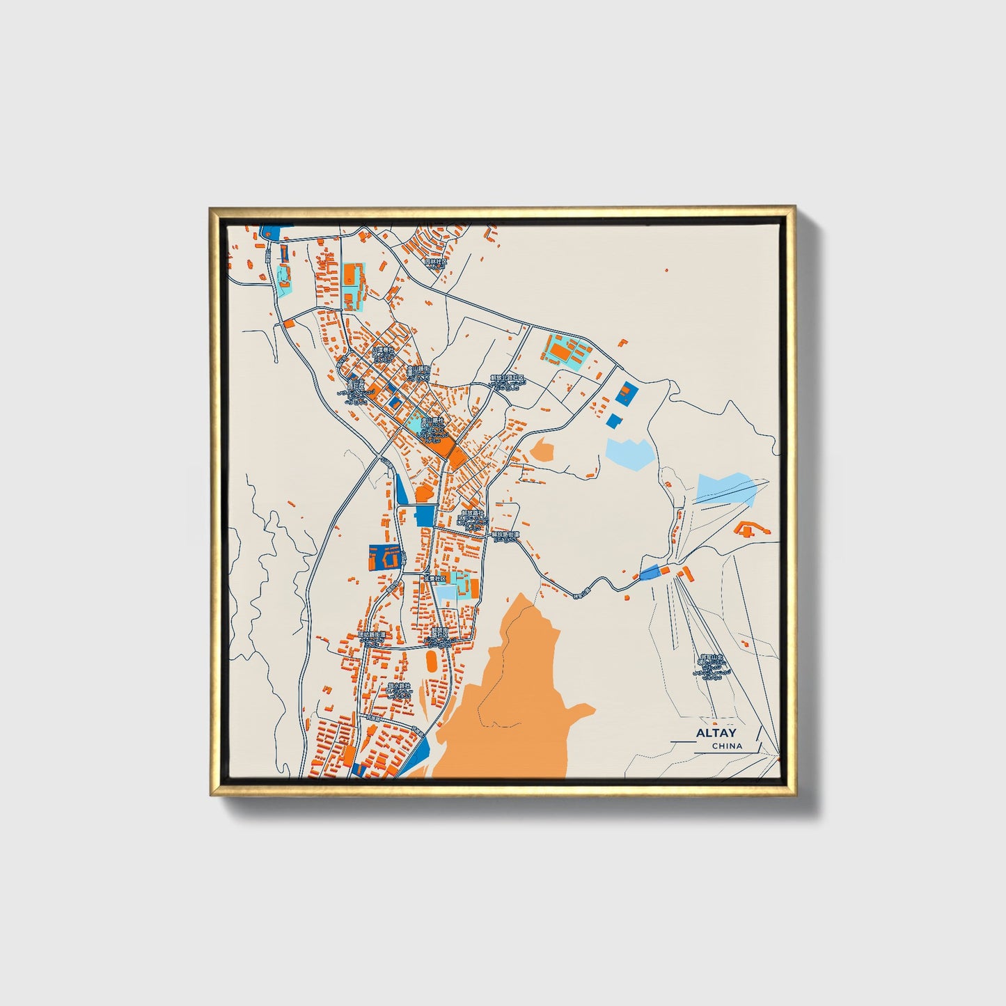Altay China Colorful City Map Canvas Print • Gold Framed