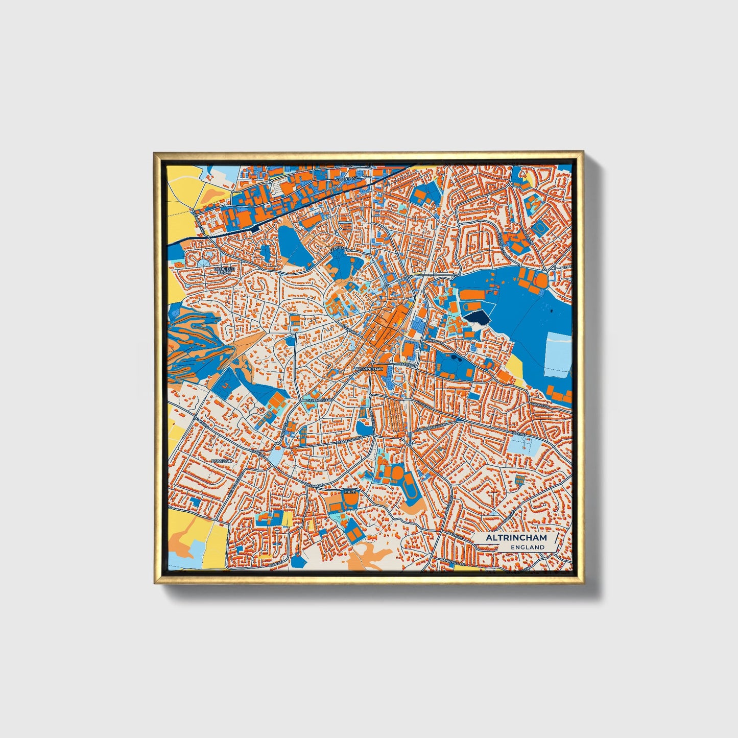Altrincham England Colorful City Map Canvas Print • Gold Framed