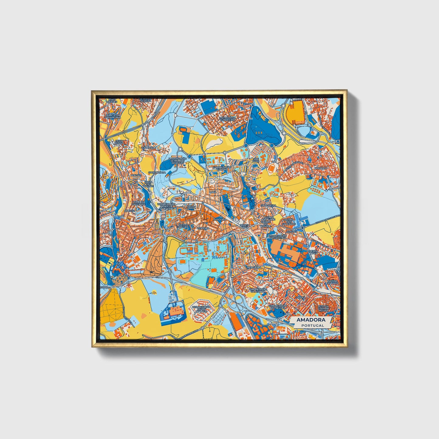 Amadora Portugal Colorful City Map Canvas Print • Gold Framed