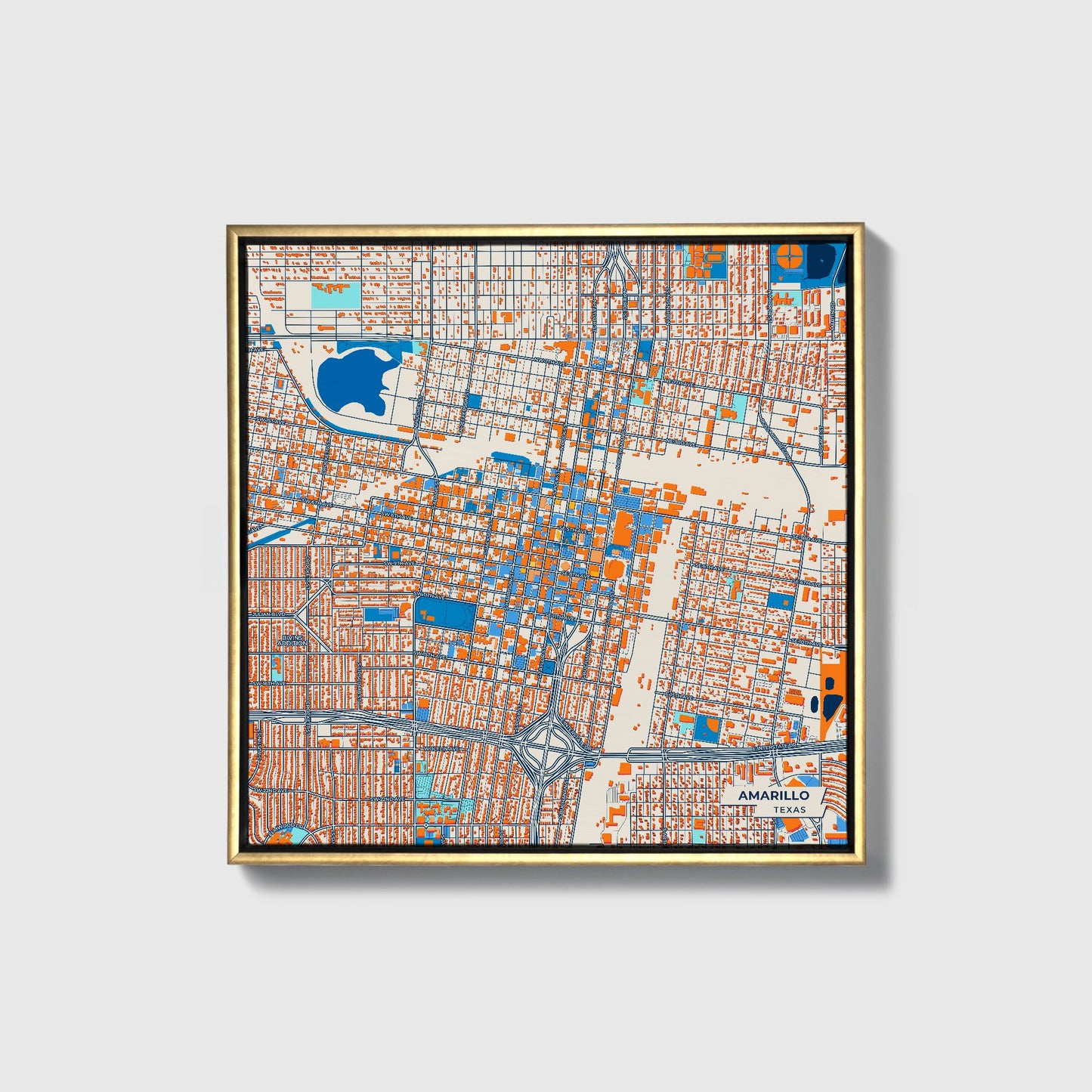 Amarillo Texas Colorful City Map Canvas Print • Gold Framed