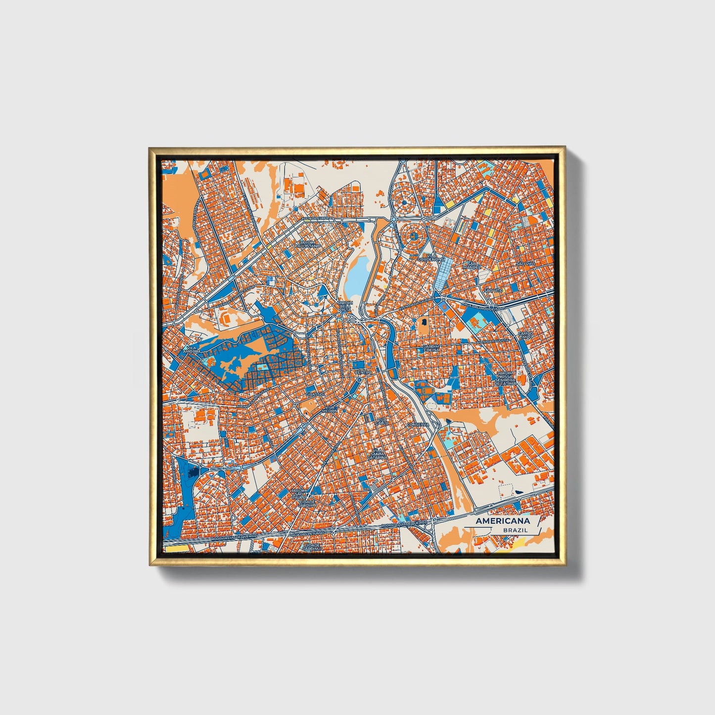 Americana Brazil Colorful City Map Canvas Print • Gold Framed