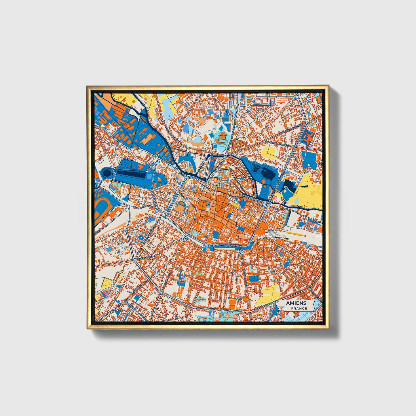 Amiens France Colorful City Map Canvas Print • Gold Framed