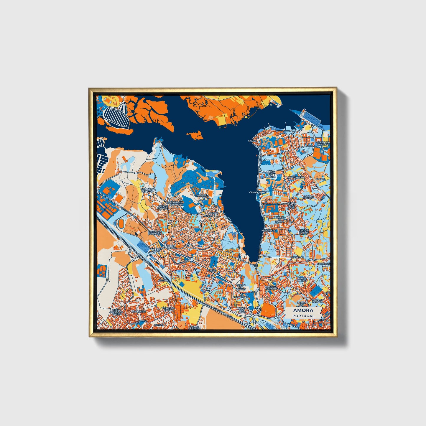 Amora Portugal Colorful City Map Canvas Print • Gold Framed