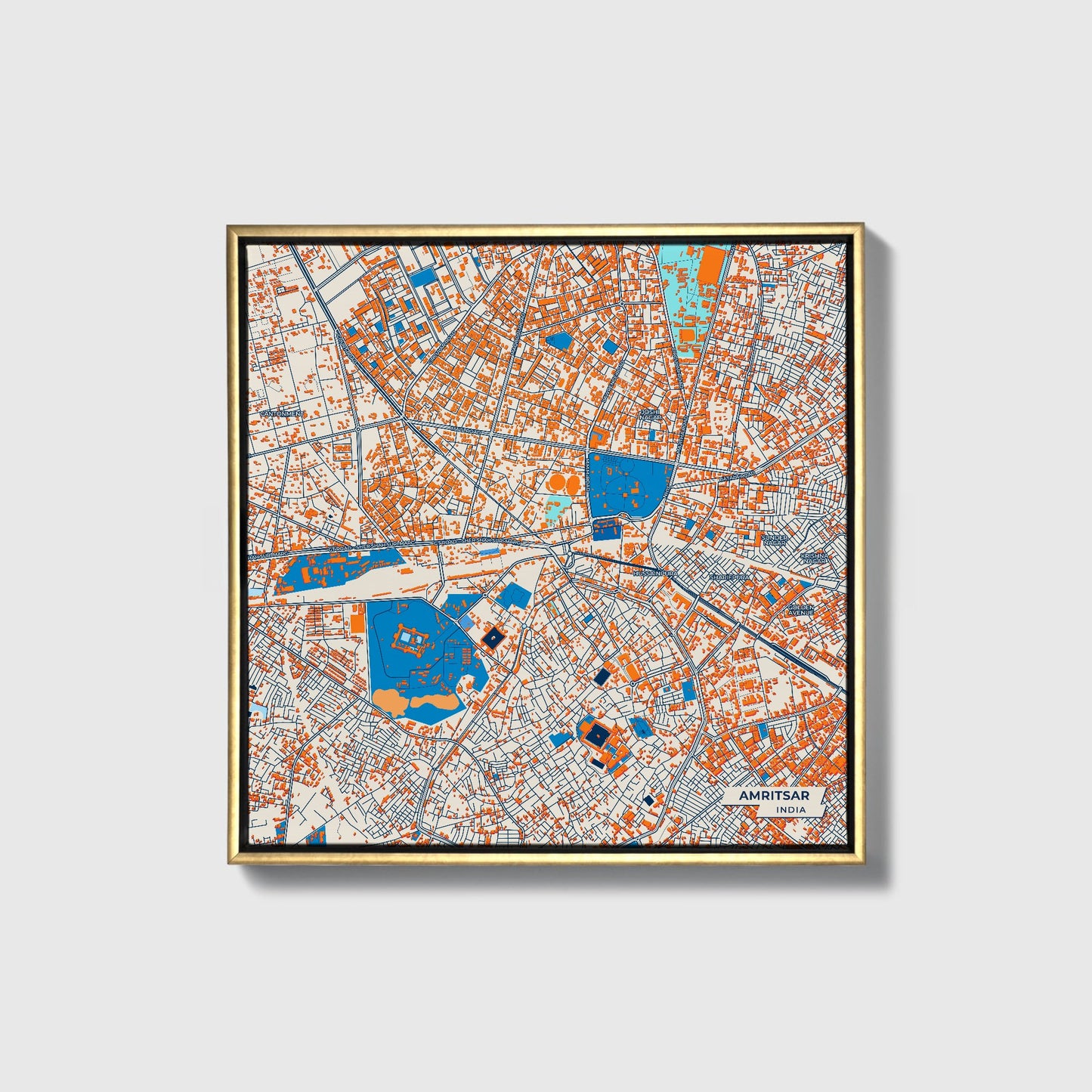 Amritsar India Colorful City Map Canvas Print • Gold Framed
