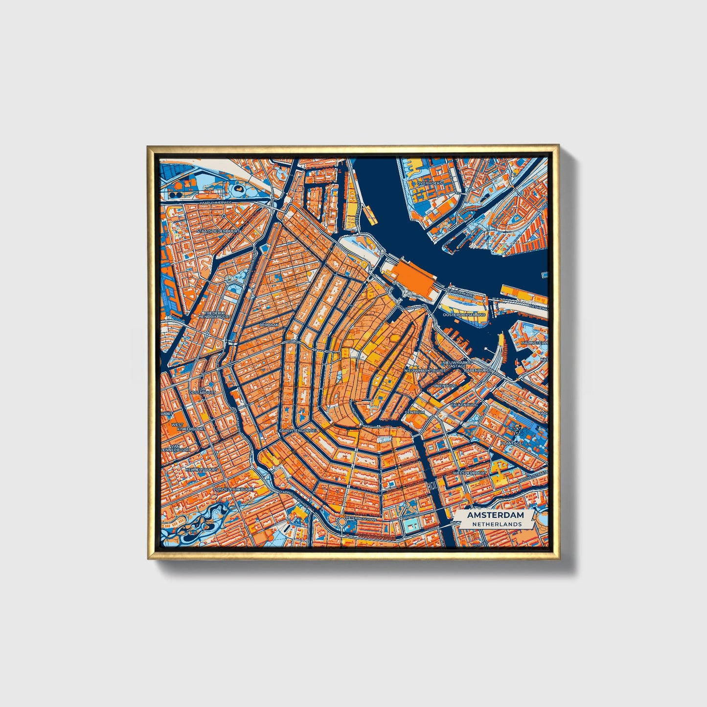Amsterdam Netherlands Colorful City Map Canvas Print • Gold Framed