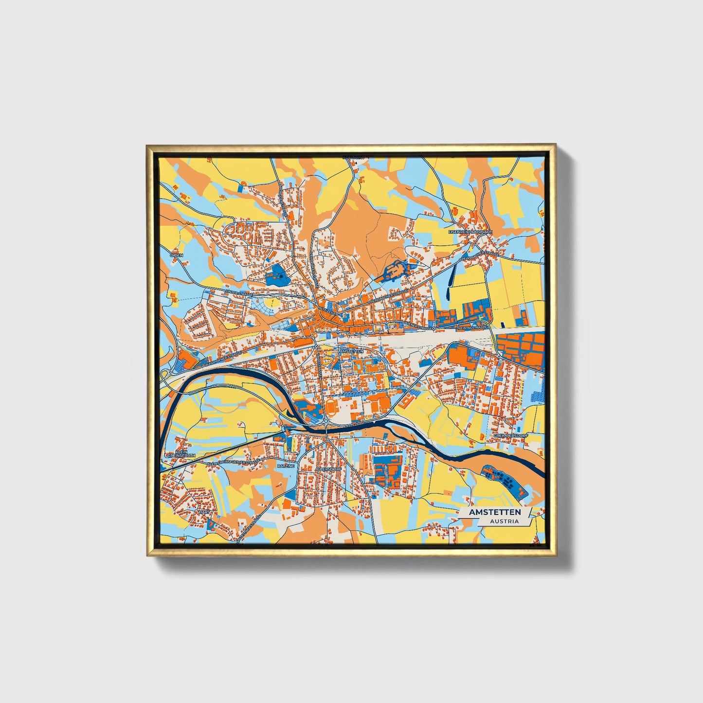 Amstetten Austria Colorful City Map Canvas Print • Gold Framed
