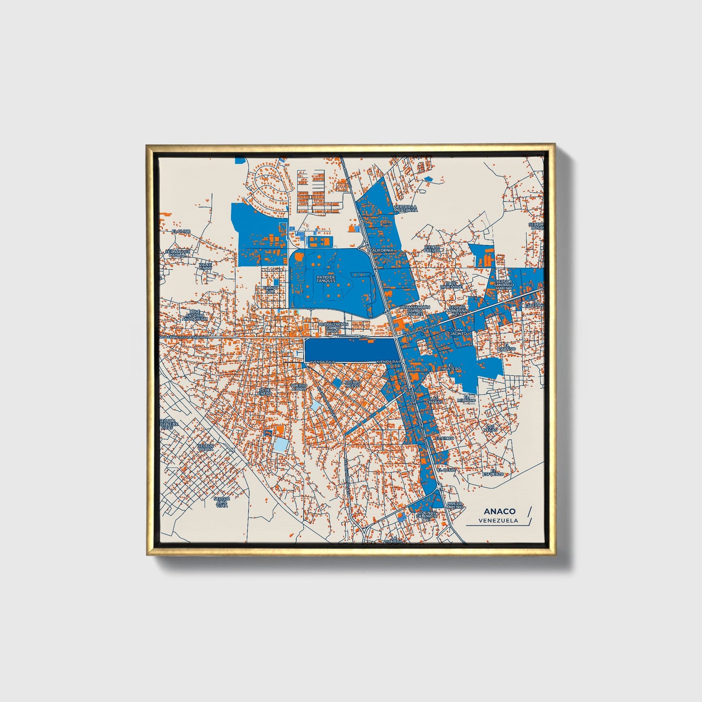 Anaco Venezuela Colorful City Map Canvas Print • Gold Framed