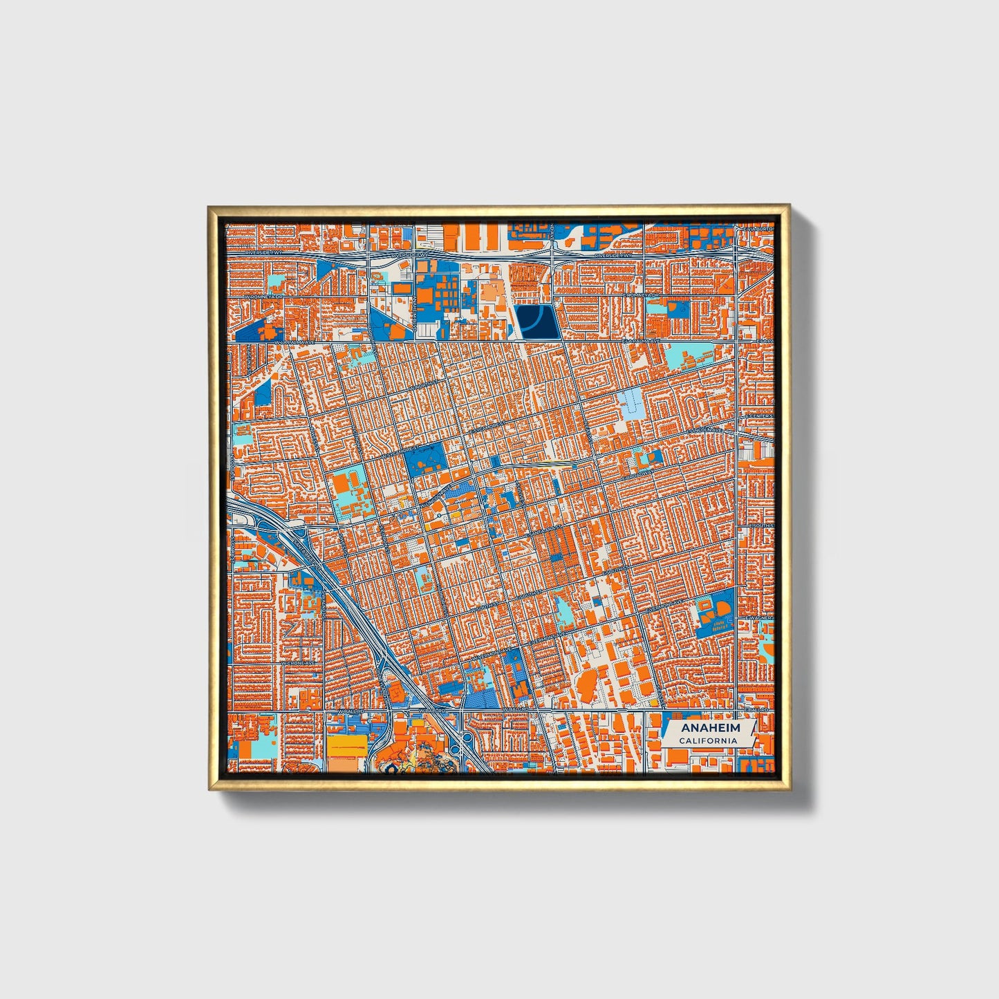Anaheim California Colorful City Map Canvas Print • Gold Framed
