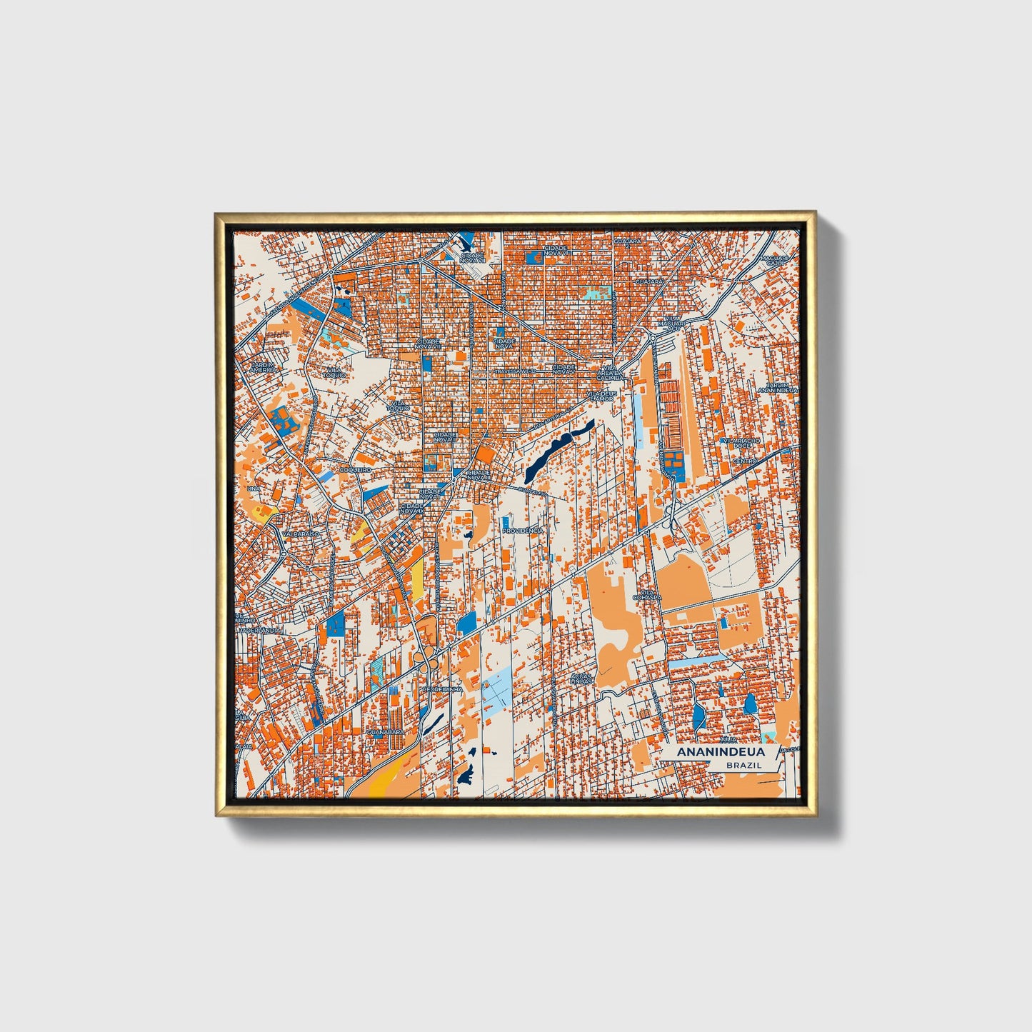 Ananindeua Brazil Colorful City Map Canvas Print • Gold Framed