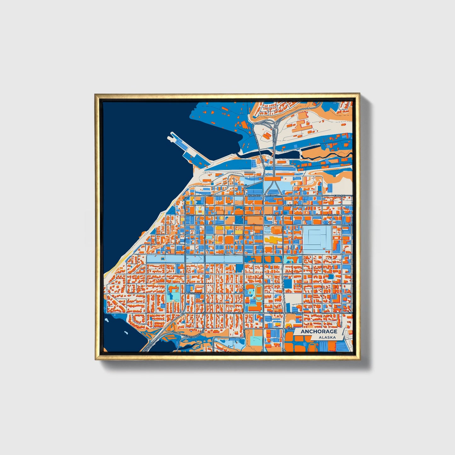 Anchorage Alaska Colorful City Map Canvas Print • Gold Framed