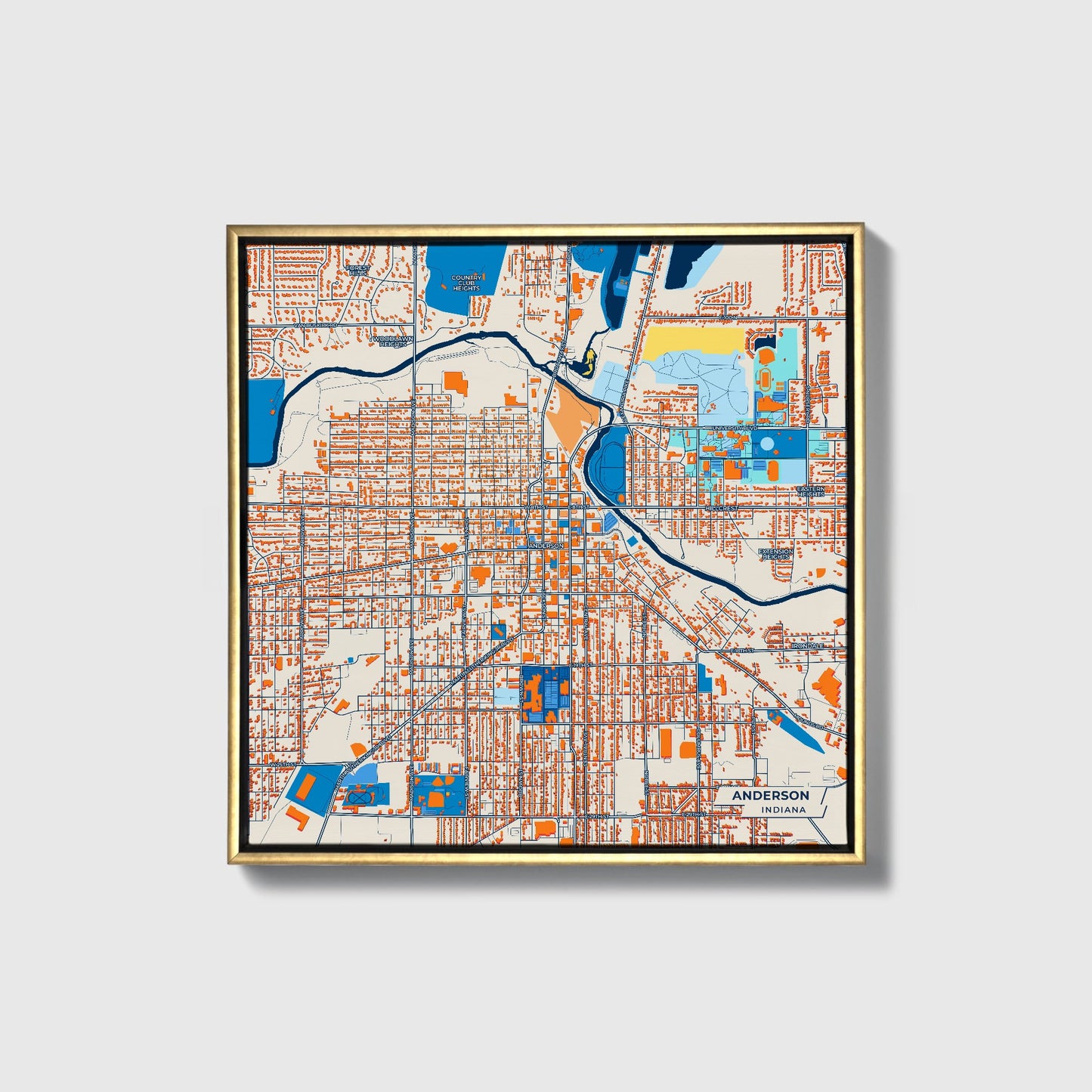 Anderson Indiana Colorful City Map Canvas Print • Gold Framed