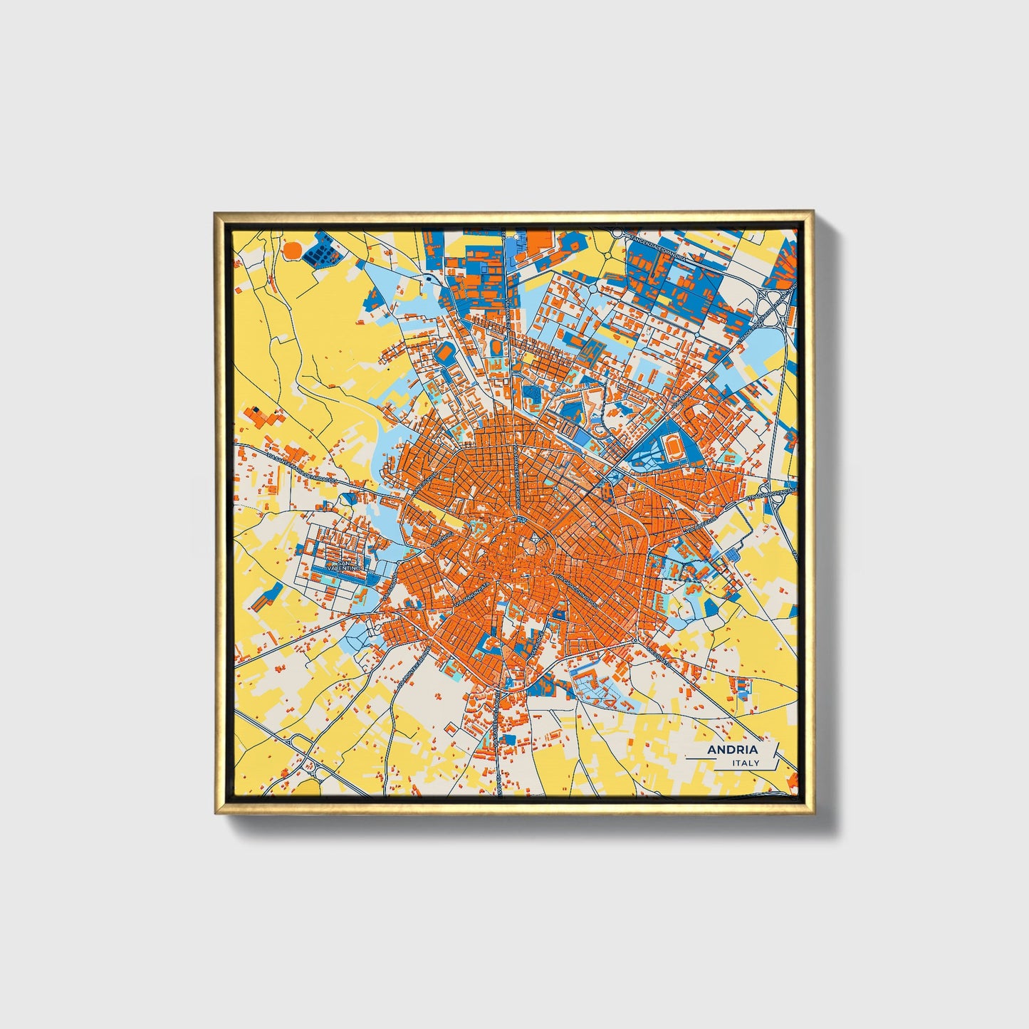 Andria Italy Colorful City Map Canvas Print • Gold Framed