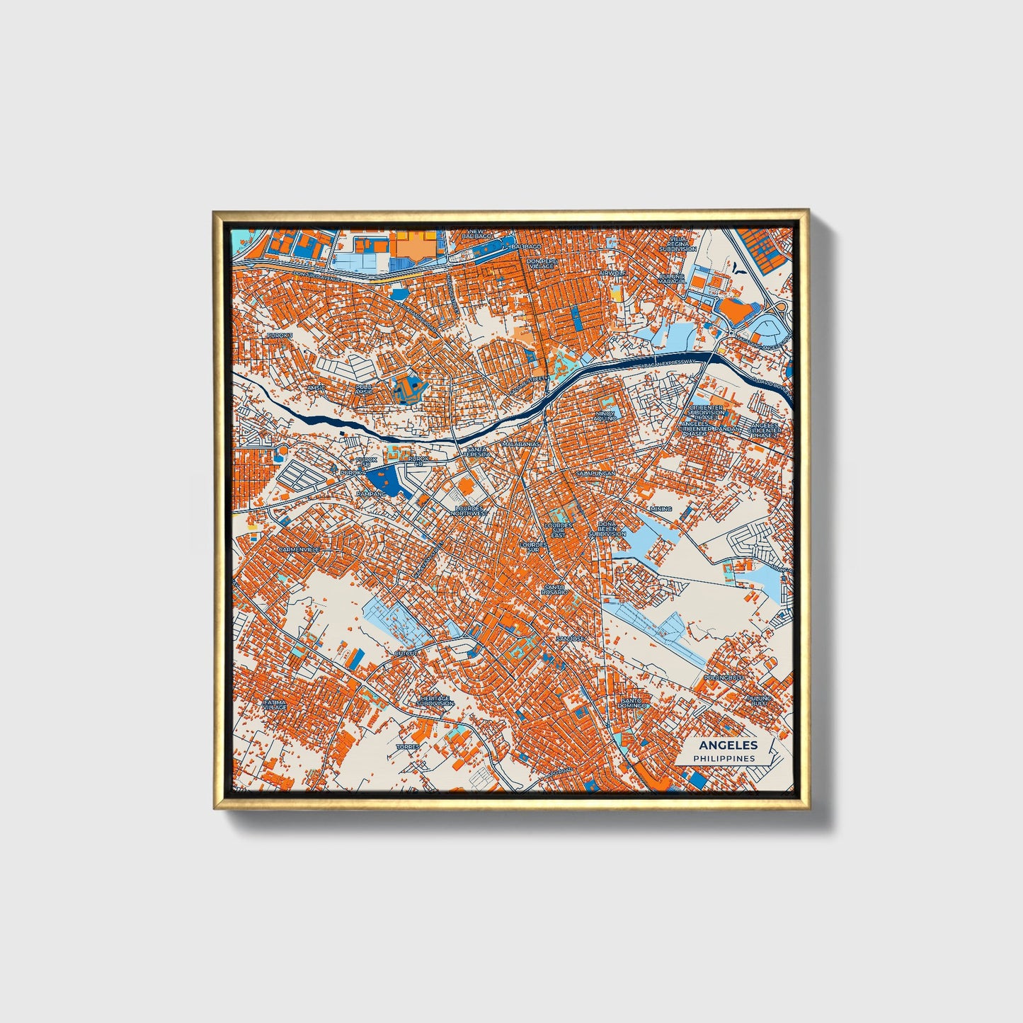 Angeles Philippines Colorful City Map Canvas Print • Gold Framed