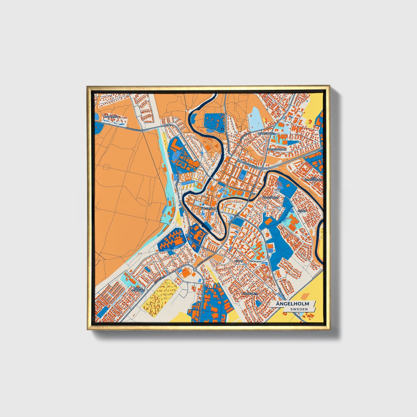 Ängelholm Sweden Colorful City Map Canvas Print • Gold Framed