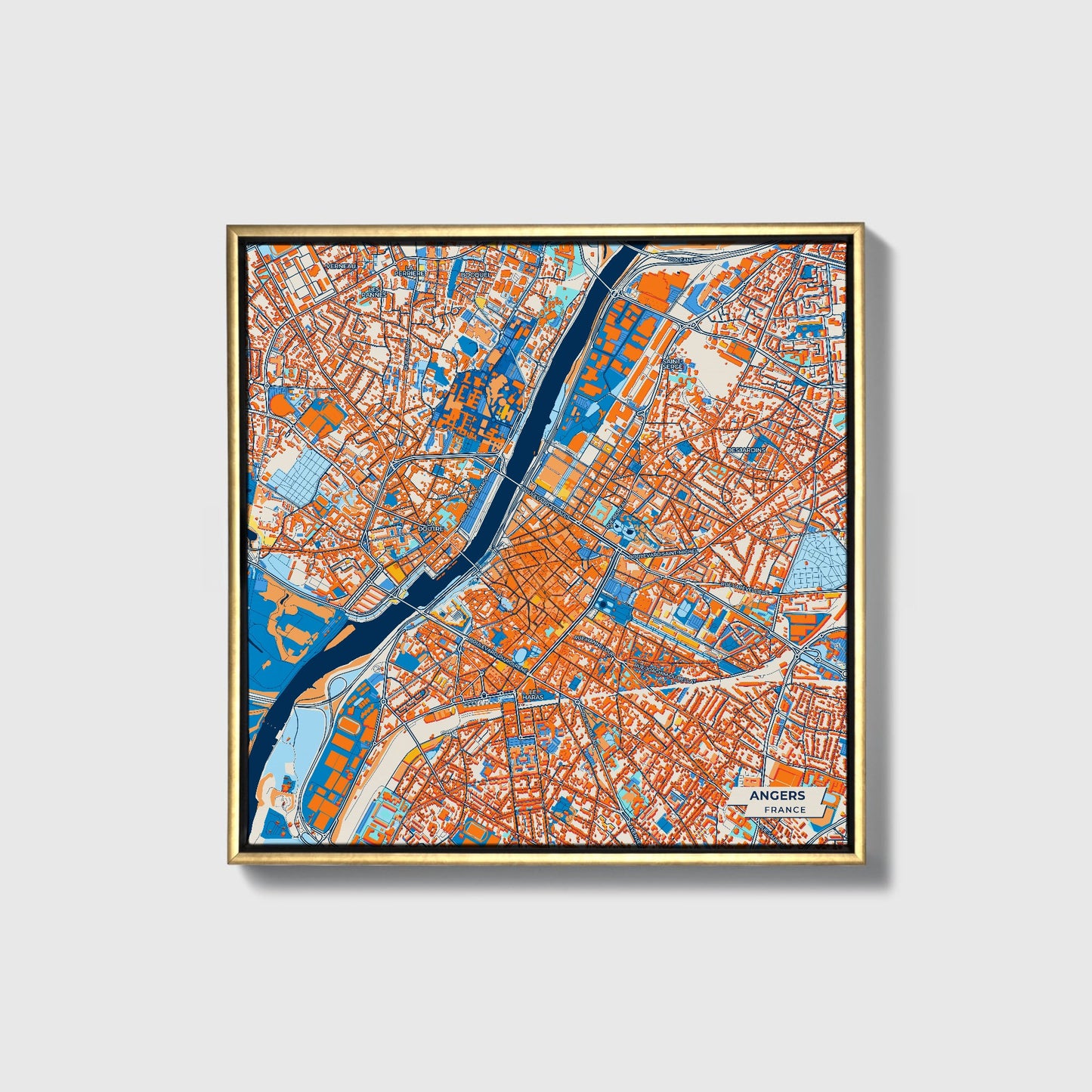 Angers France Colorful City Map Canvas Print • Gold Framed