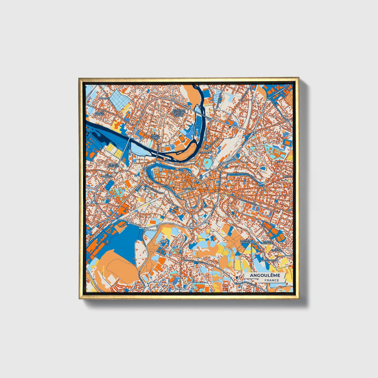 Angoulême France Colorful City Map Canvas Print • Gold Framed