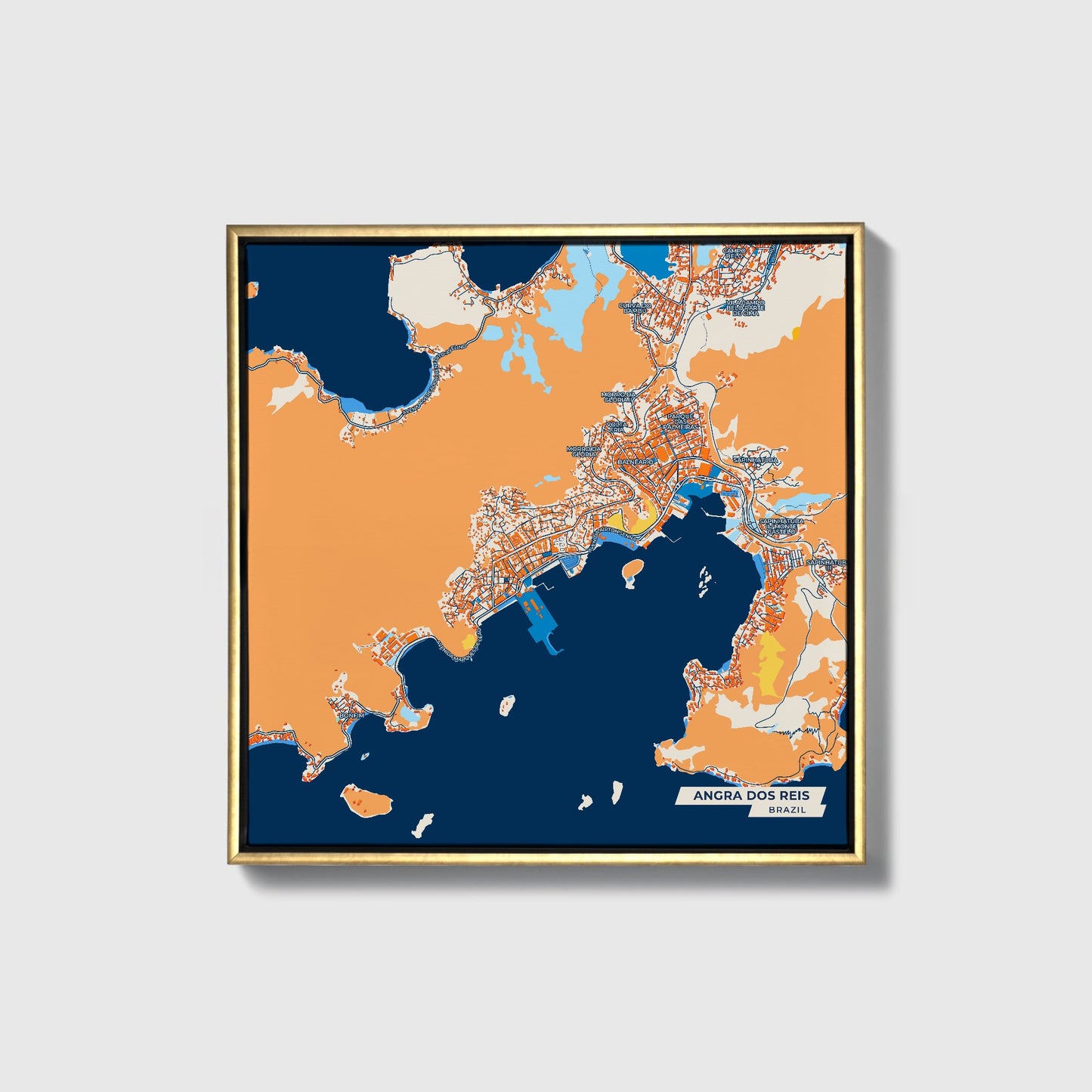 Angra Dos Reis Brazil Colorful City Map Canvas Print • Gold Framed