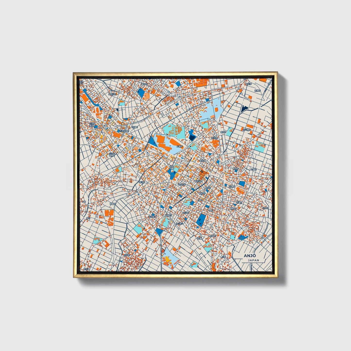 Anjō Japan Colorful City Map Canvas Print • Gold Framed