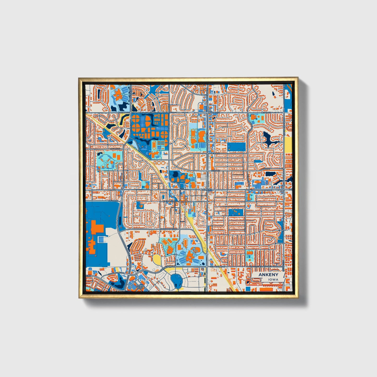 Ankeny Iowa Colorful City Map Canvas Print • Gold Framed