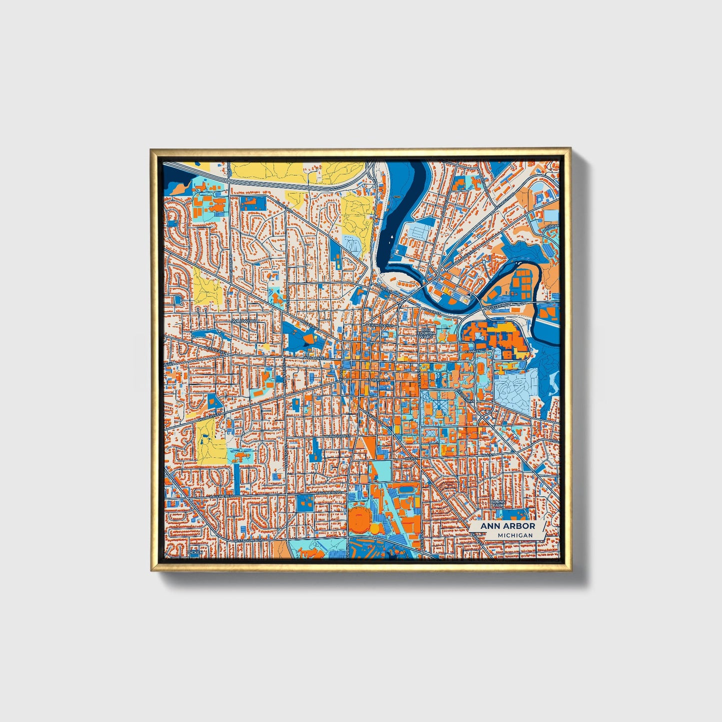 Ann Arbor Michigan Colorful City Map Canvas Print • Gold Framed