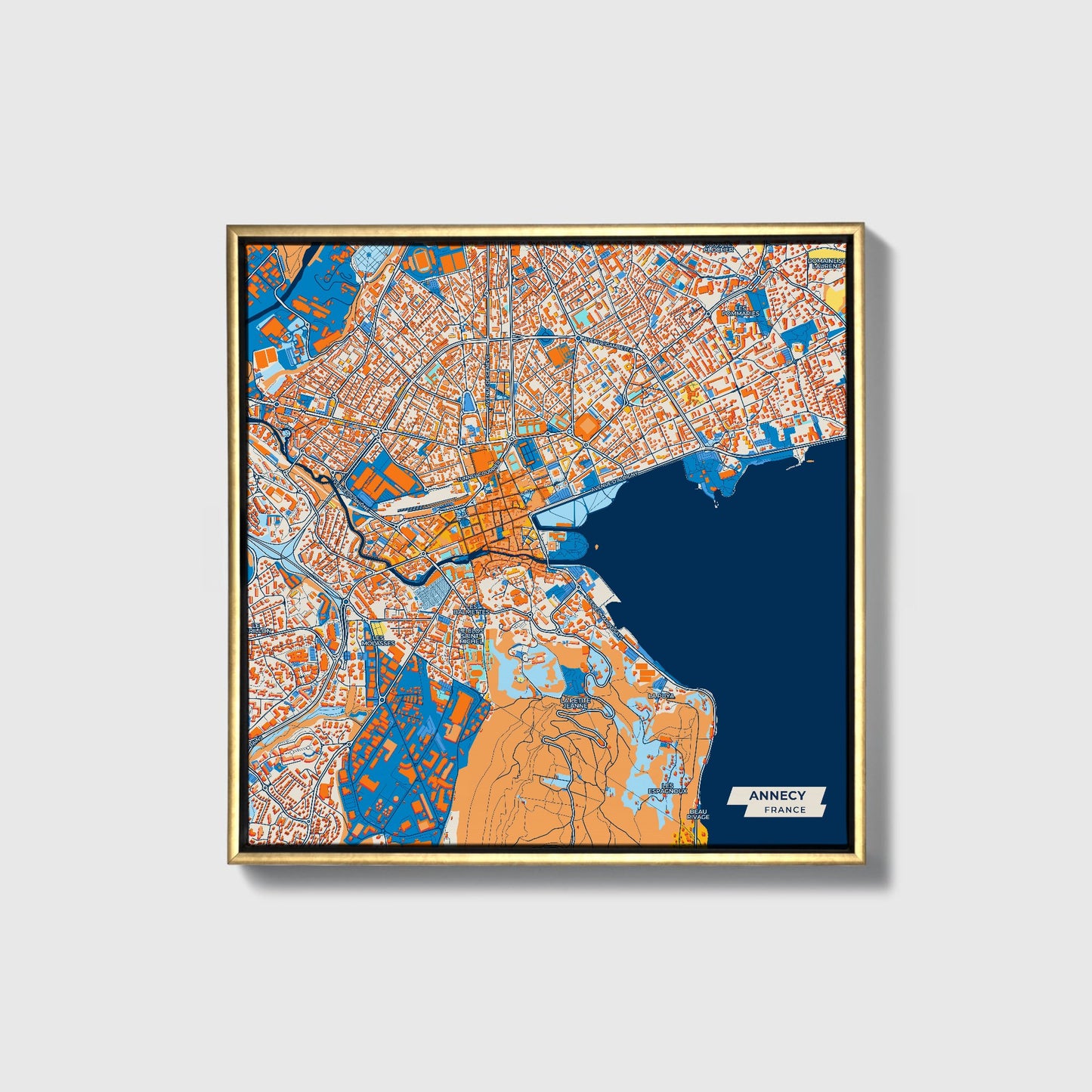 Annecy France Colorful City Map Canvas Print • Gold Framed
