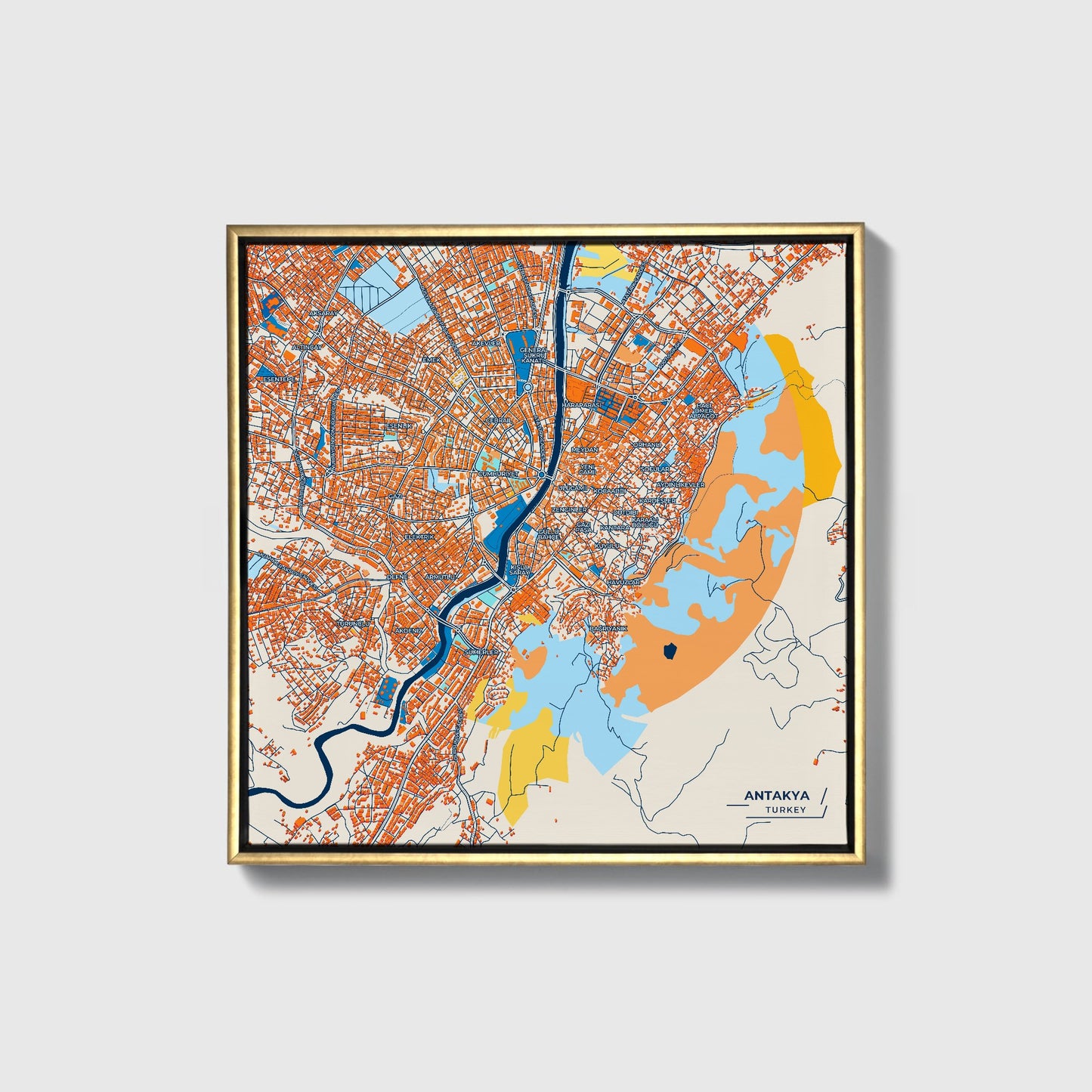 Antakya Turkey Colorful City Map Canvas Print • Gold Framed