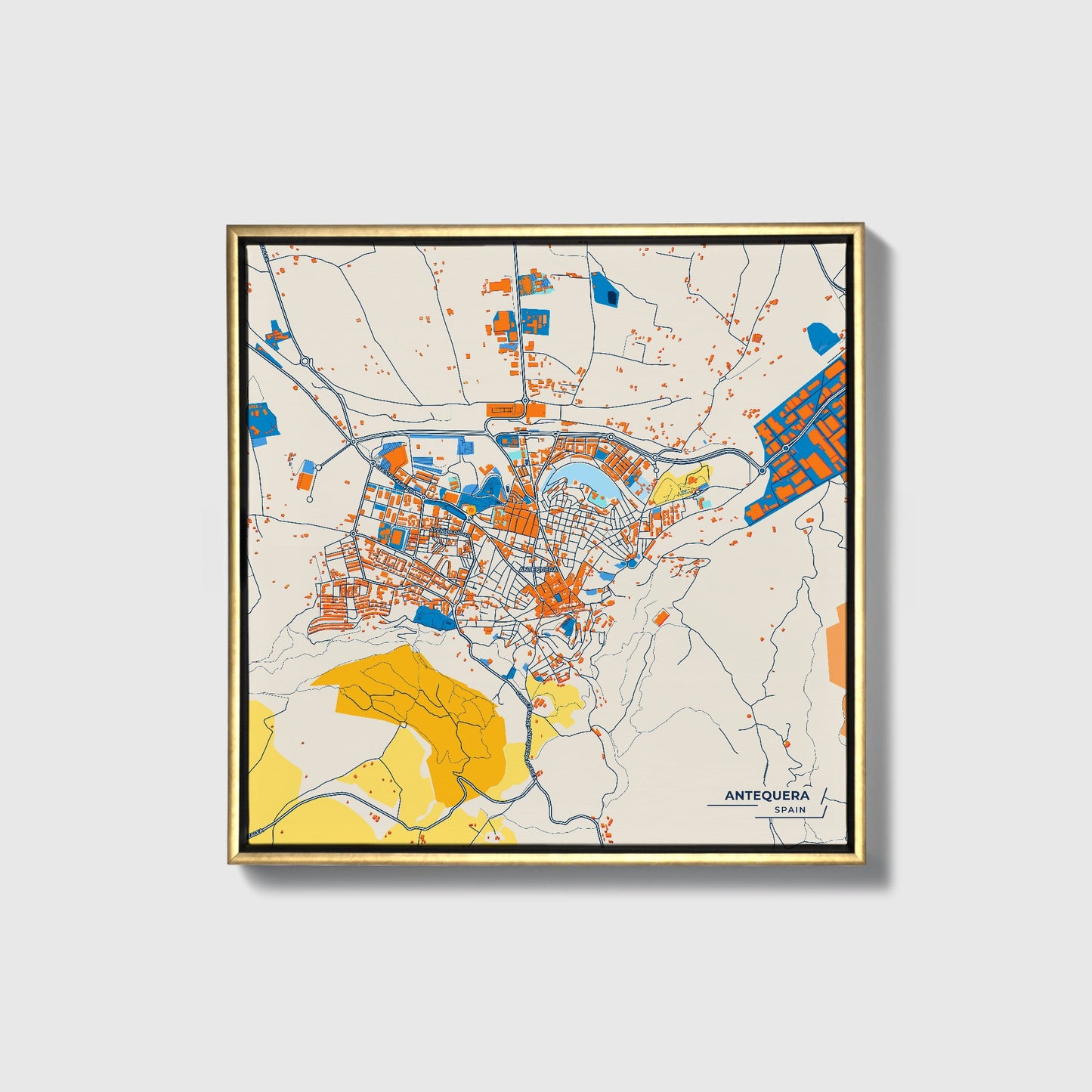 Antequera Spain Colorful City Map Canvas Print • Gold Framed