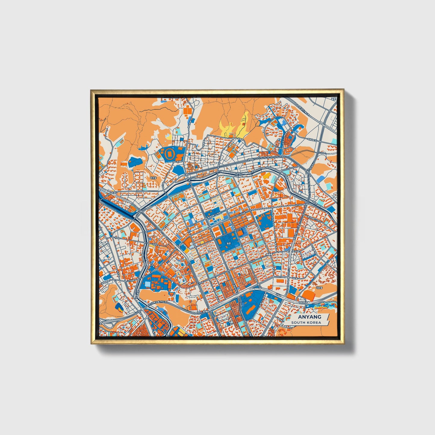 Anyang South Korea Colorful City Map Canvas Print • Gold Framed