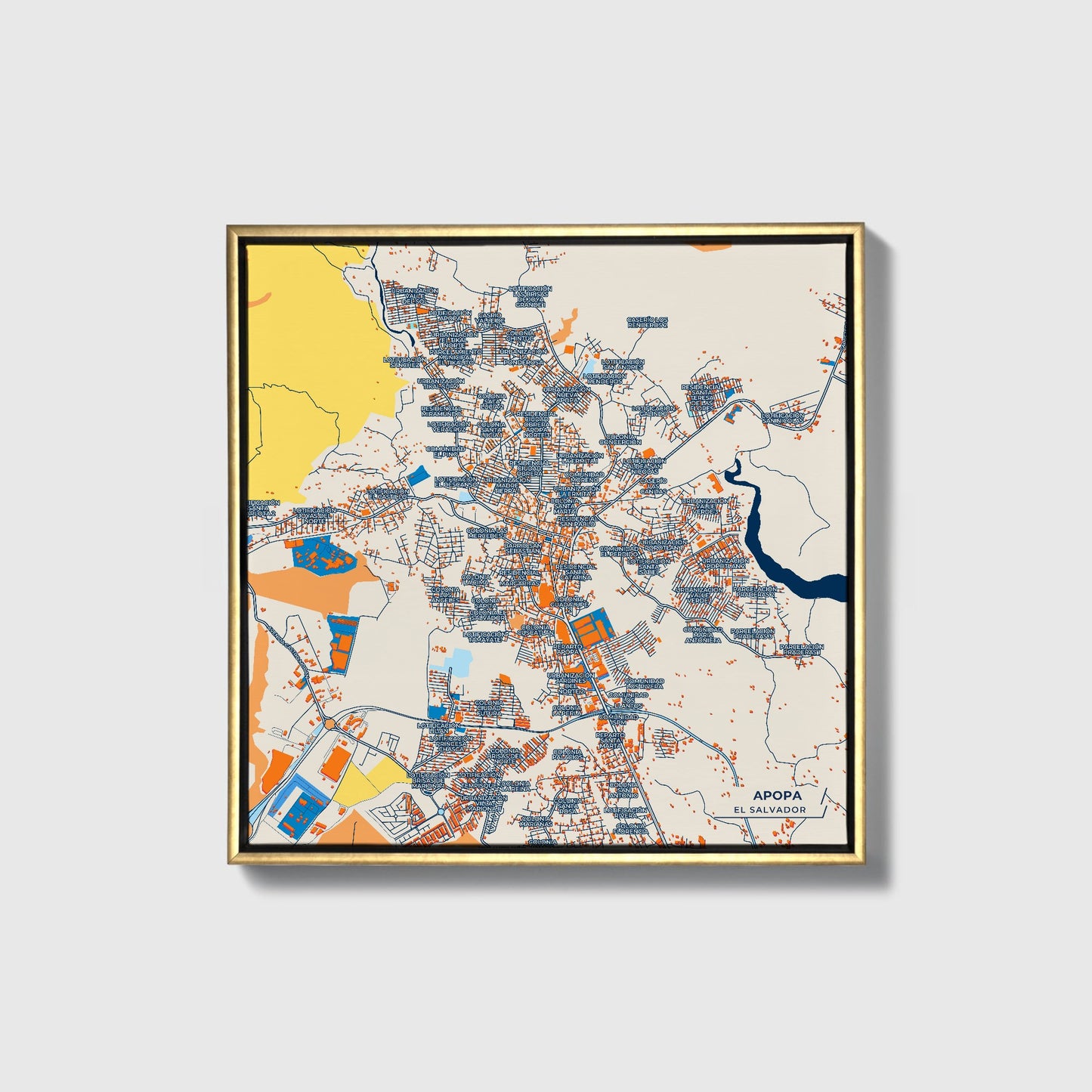 Apopa El Salvador Colorful City Map Canvas Print • Gold Framed
