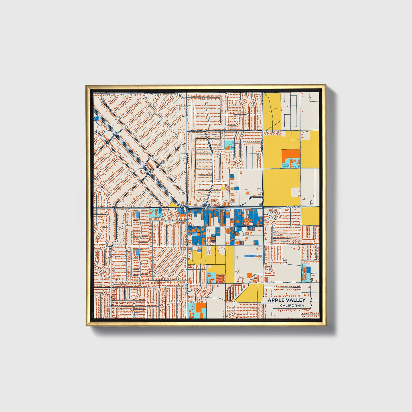 Apple Valley California Colorful City Map Canvas Print • Gold Framed