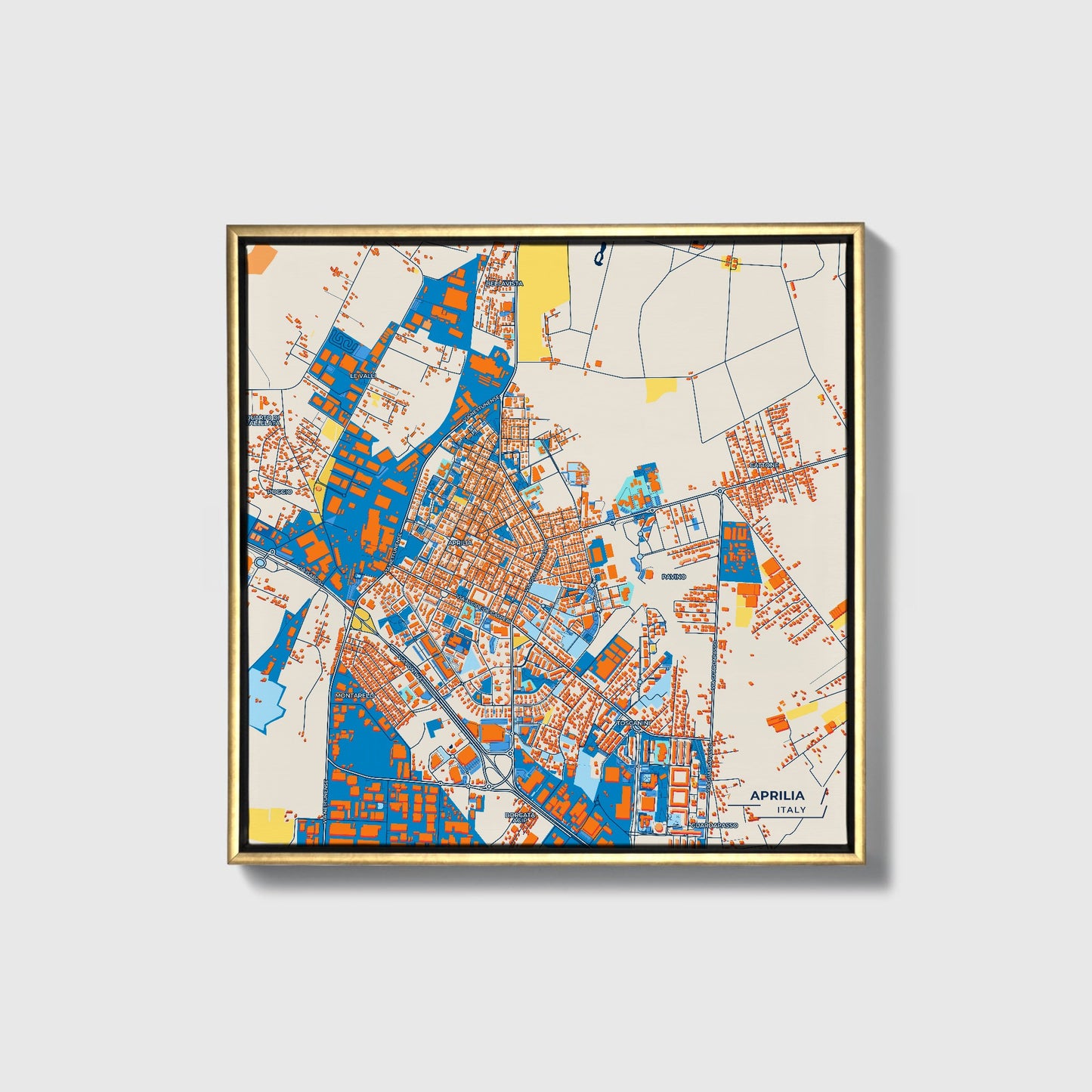Aprilia Italy Colorful City Map Canvas Print • Gold Framed