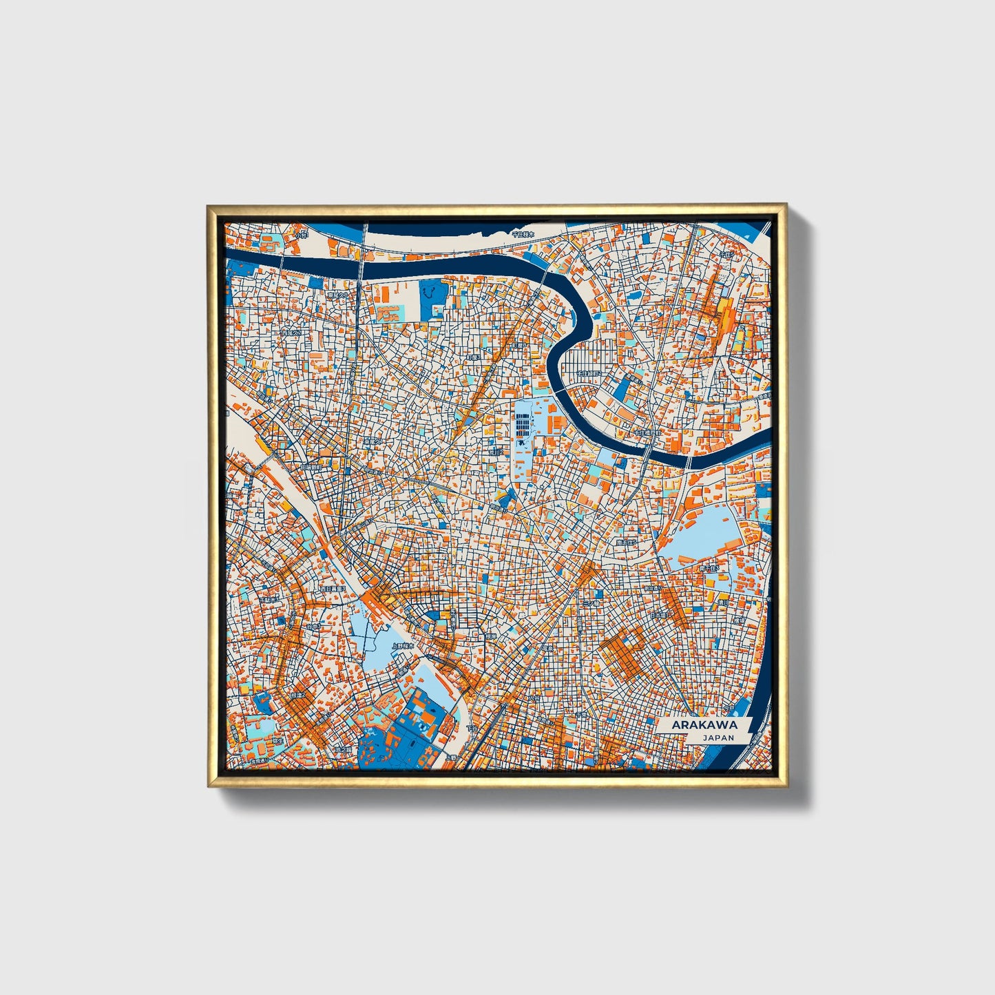 Arakawa Japan Colorful City Map Canvas Print • Gold Framed
