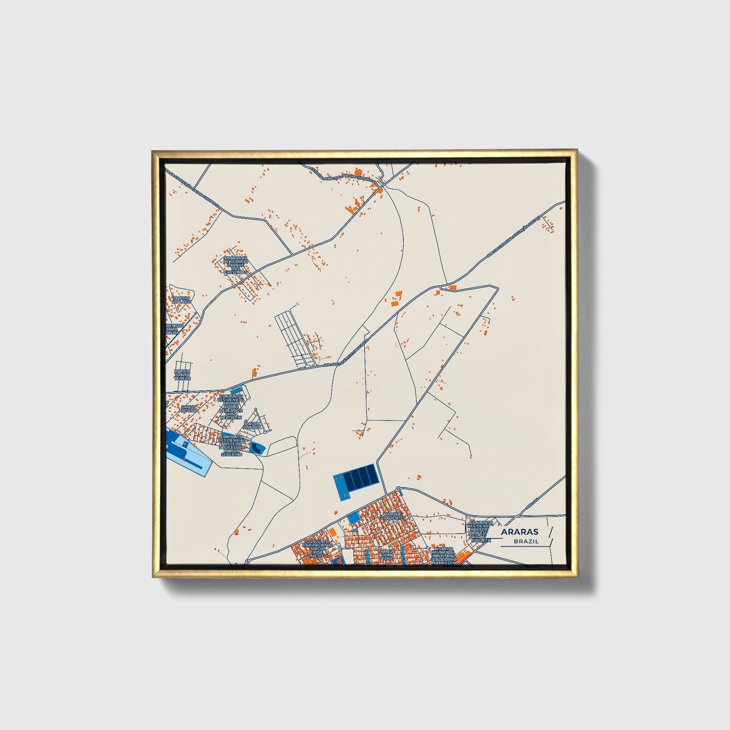Araras Brazil Colorful City Map Canvas Print • Gold Framed