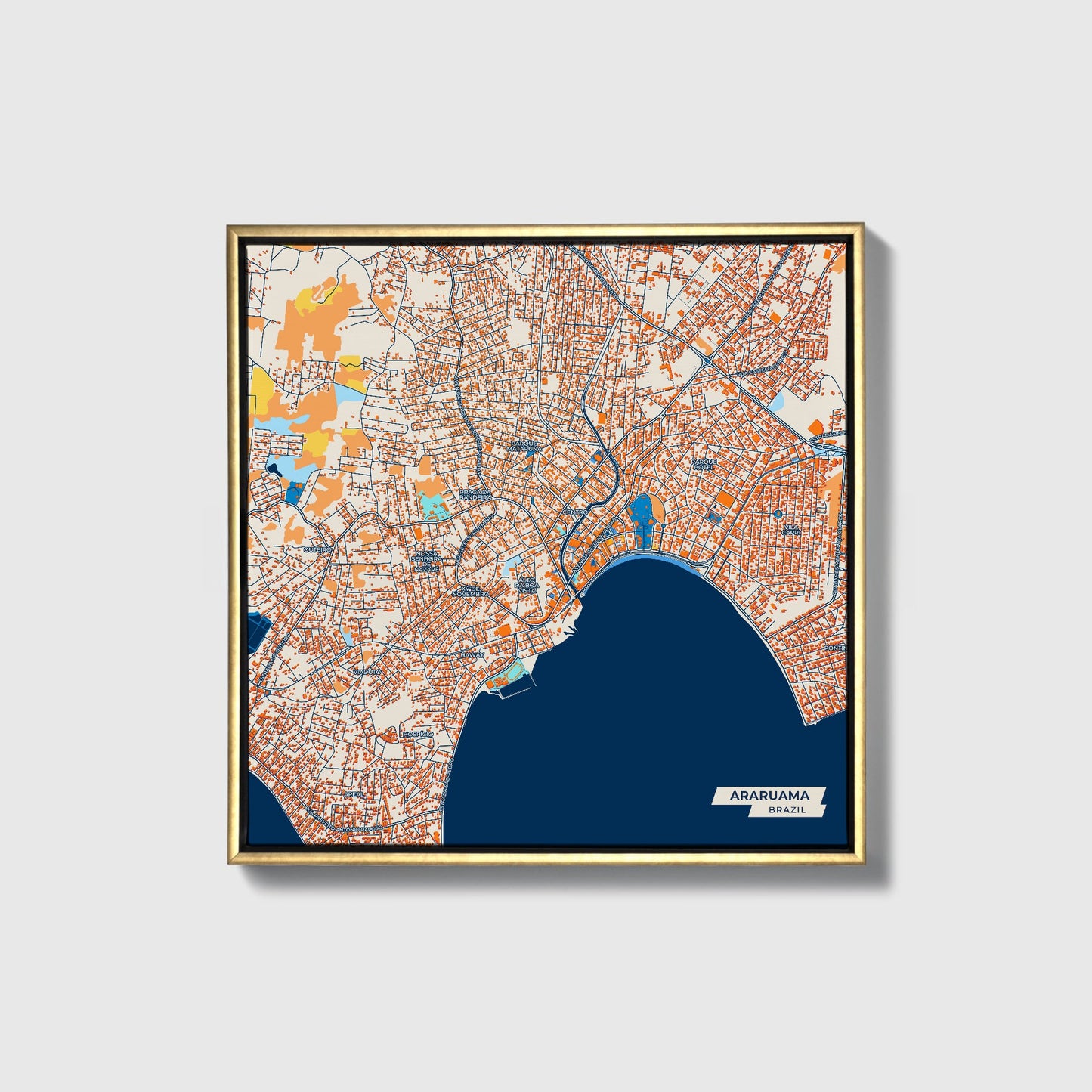 Araruama Brazil Colorful City Map Canvas Print • Gold Framed