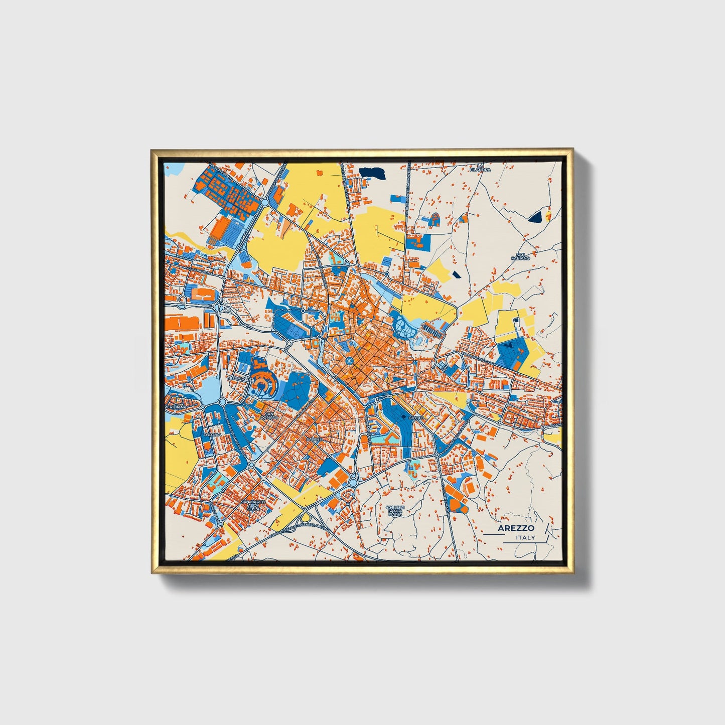 Arezzo Italy Colorful City Map Canvas Print • Gold Framed