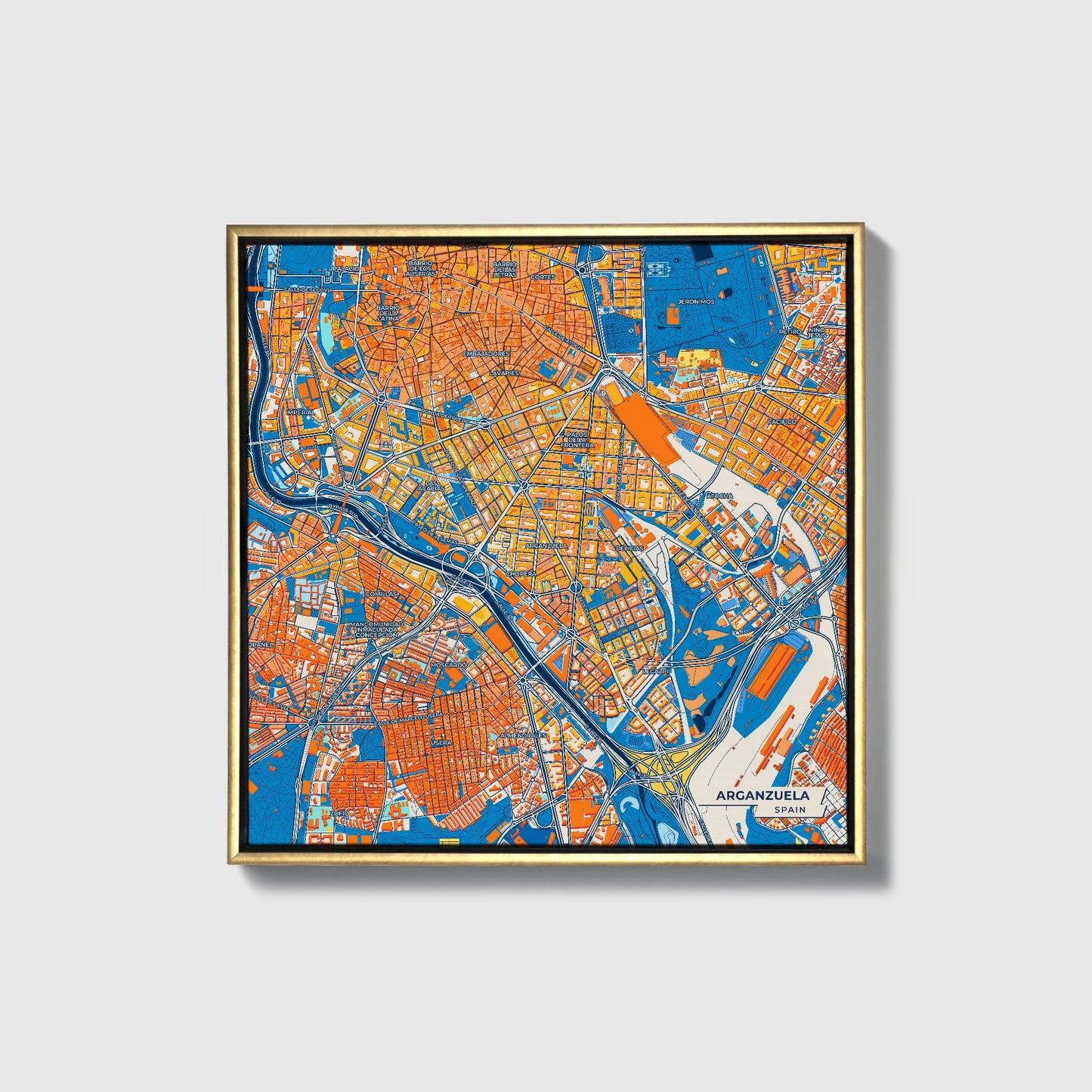 Arganzuela Spain Colorful City Map Canvas Print • Gold Framed