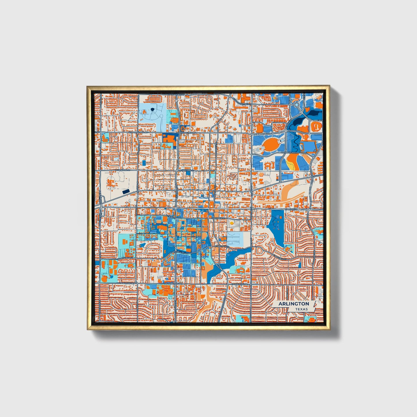Arlington Texas Colorful City Map Canvas Print • Gold Framed