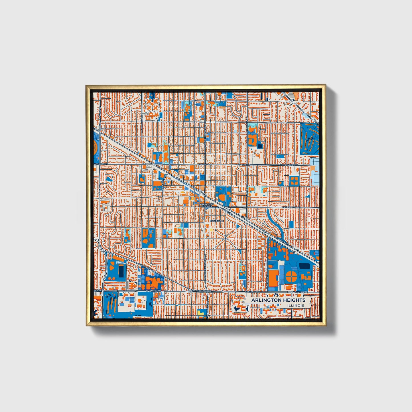 Arlington Heights Illinois Colorful City Map Canvas Print • Gold Framed