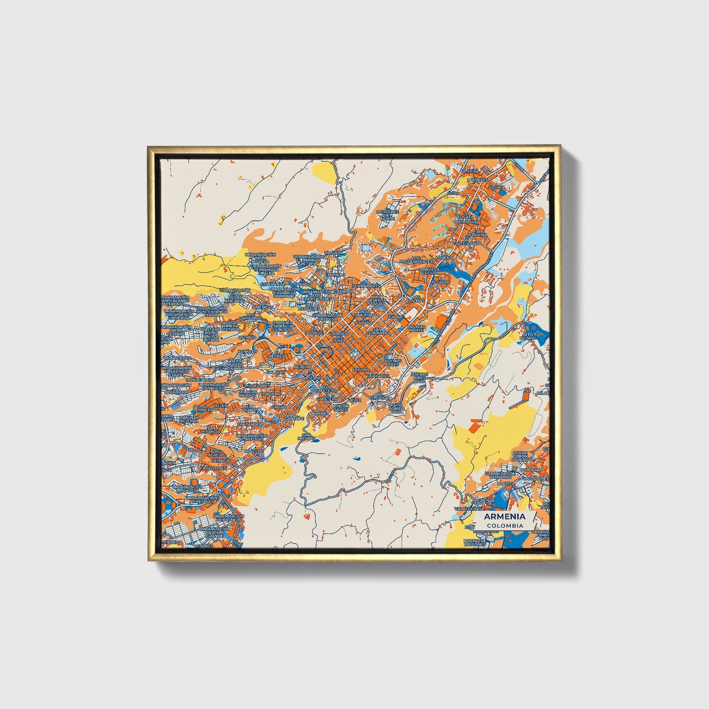 Armenia Colombia Colorful City Map Canvas Print • Gold Framed