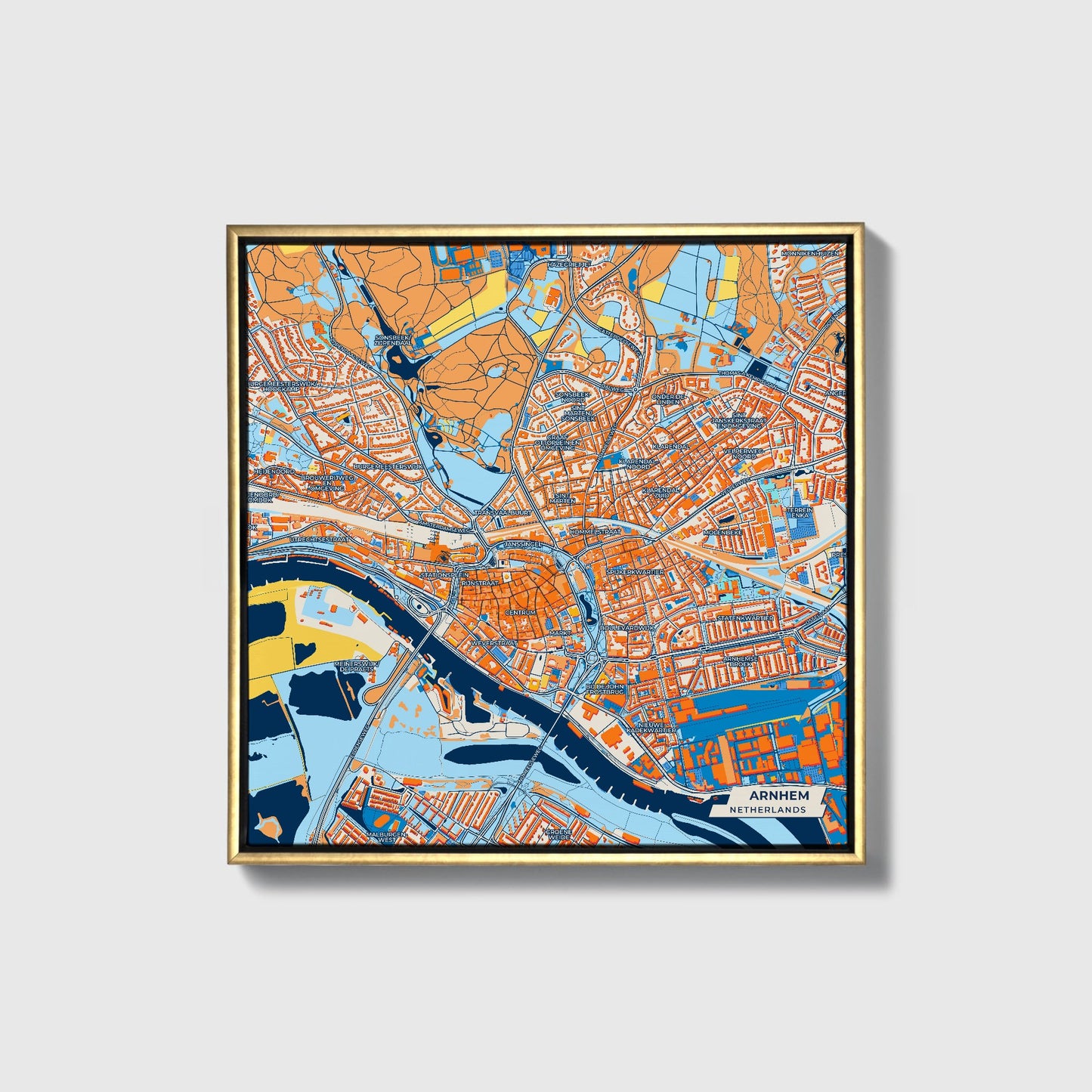 Arnhem Netherlands Colorful City Map Canvas Print • Gold Framed